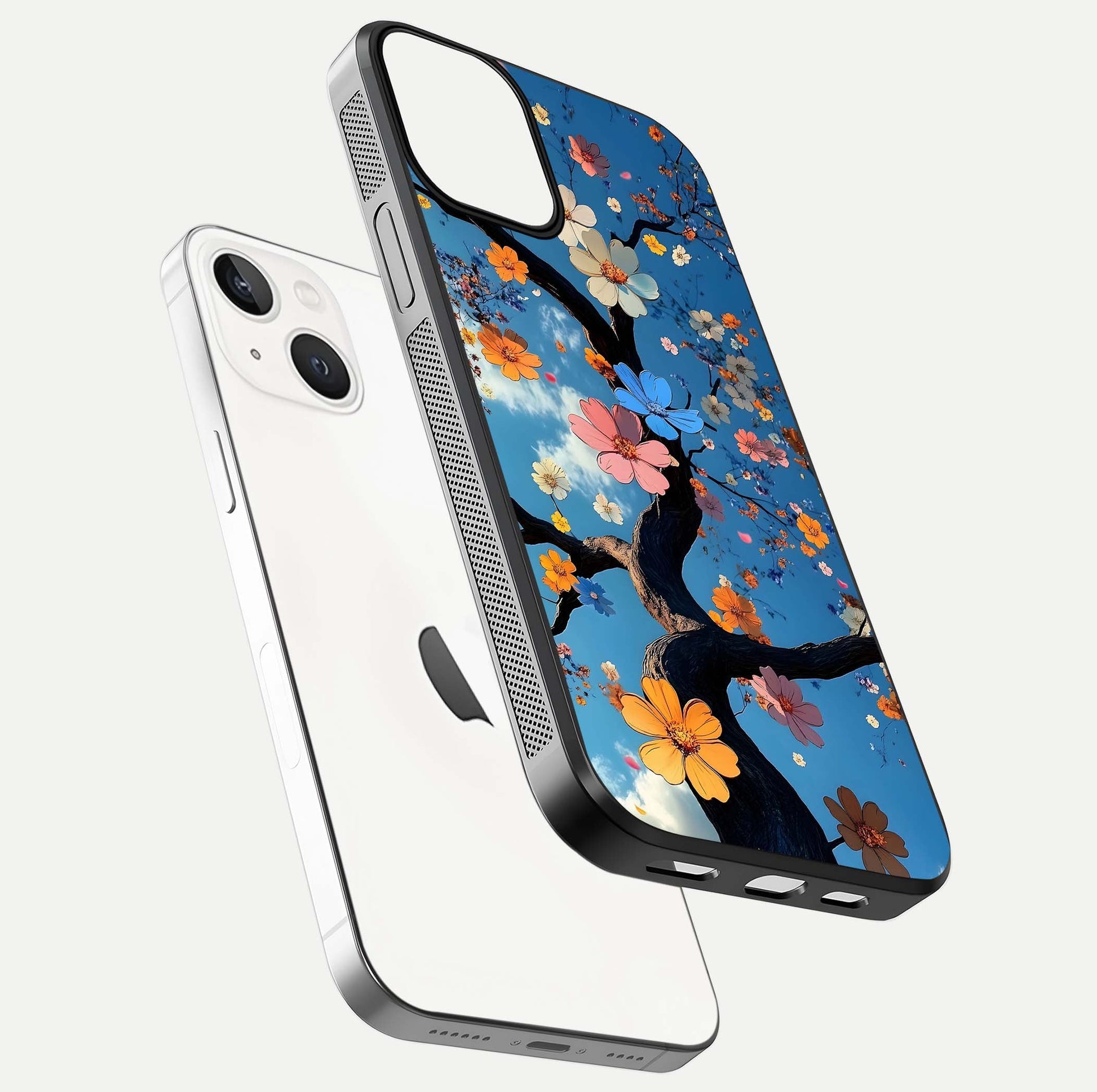 Blossom Dream Sky Glass Case for iPhone 13 floating dual-mockup displaying smooth finish and elegant sky tones
