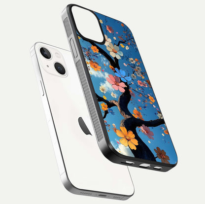 Blossom Dream Sky Glass Case for iPhone 13 floating dual-mockup displaying smooth finish and elegant sky tones