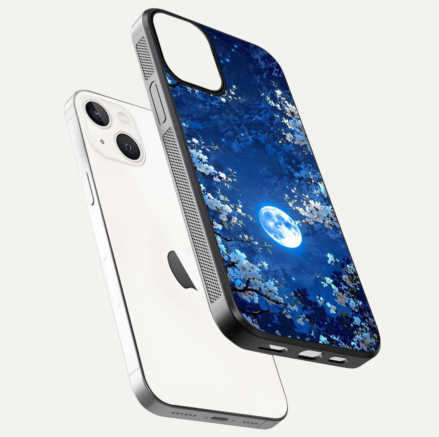 Blossom Moonlight Sky Glass Case for iPhone 13 floating mockup showing glowing moon accent and HD gloss texture
