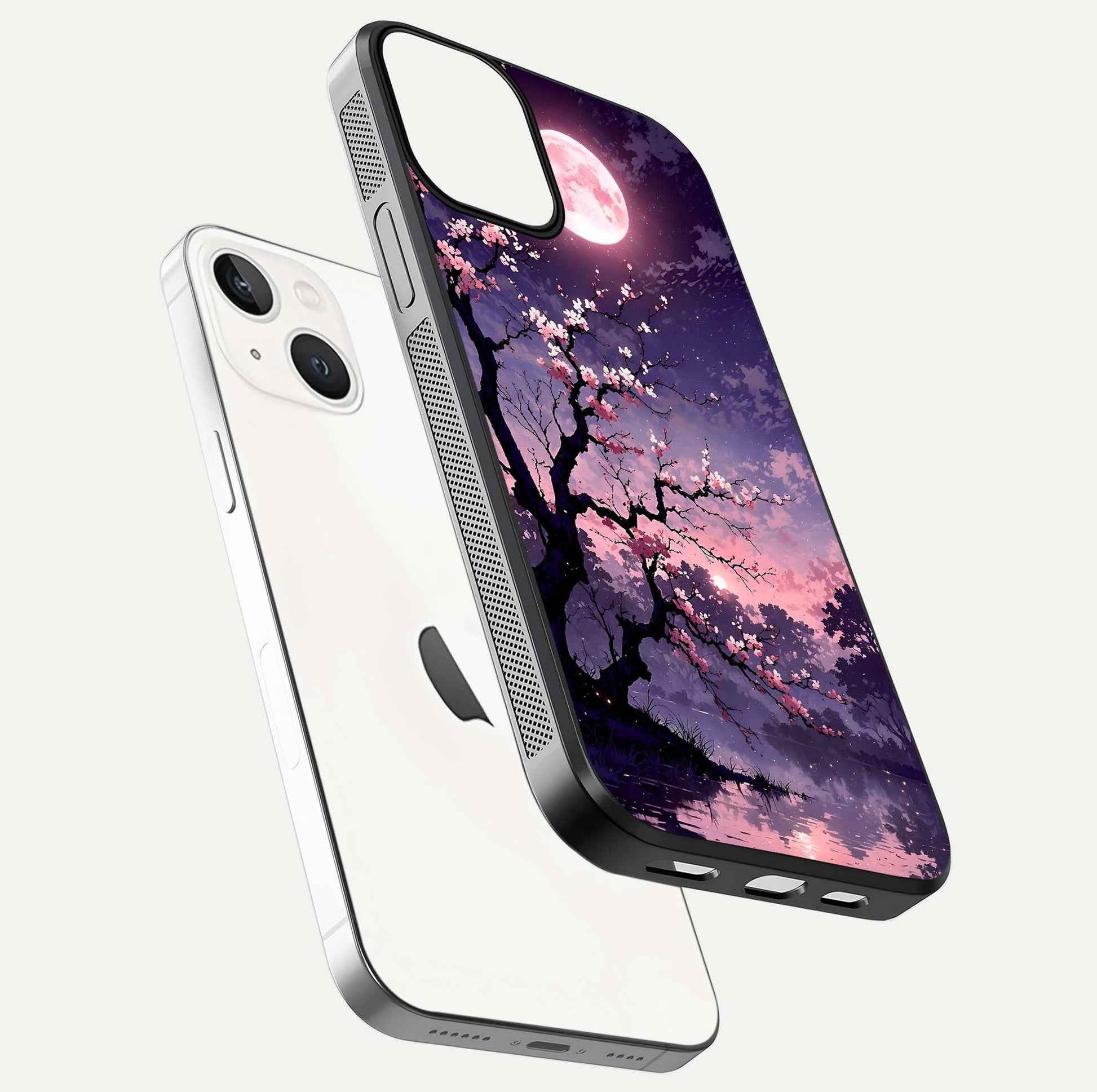 Blossom Pink Moon Glass Case for iPhone 13 floating mockup emphasizing dreamy pink moon aura and smooth finish