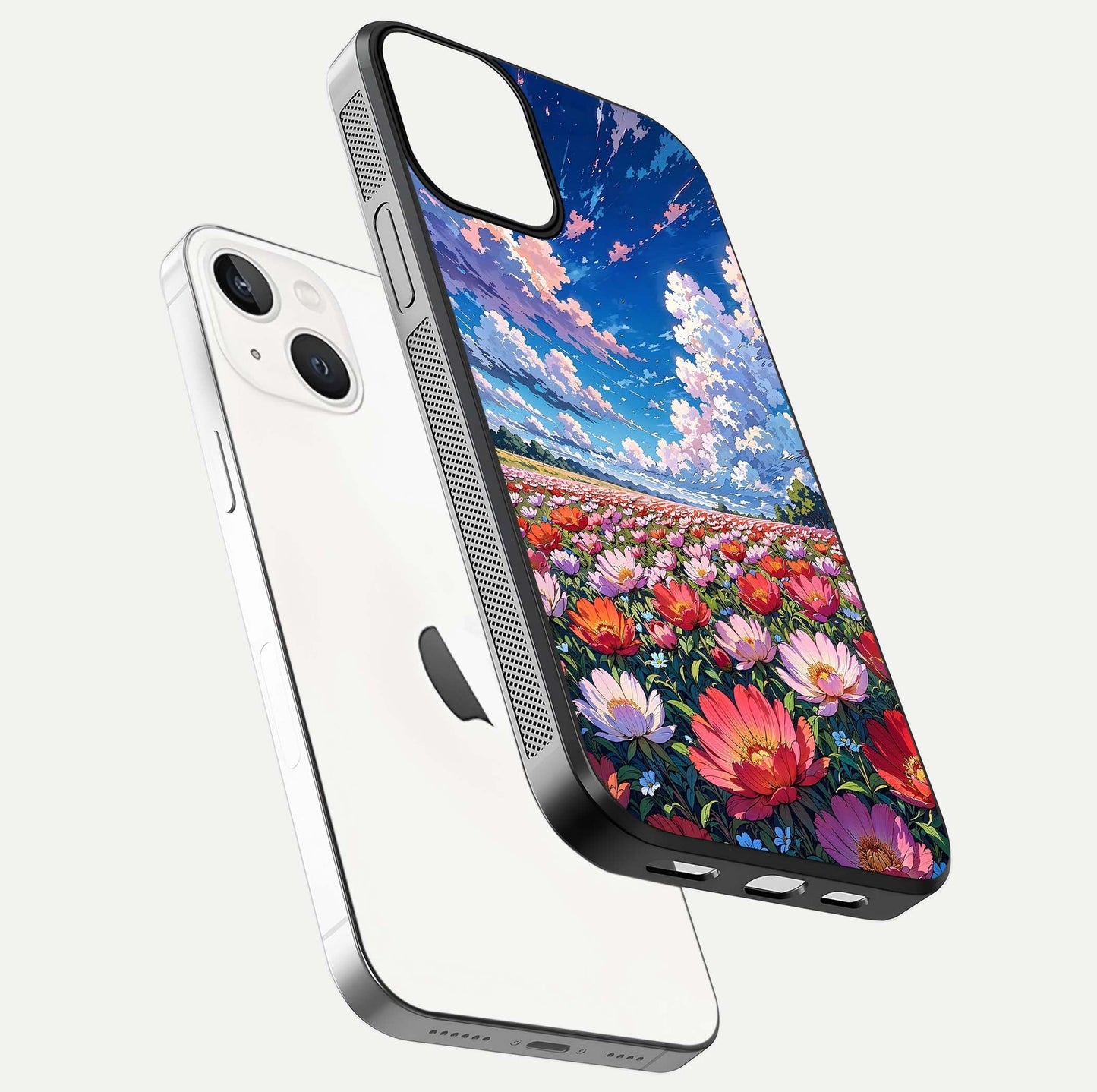 Blossom Sky Field Glass Case for iPhone 13 floating mockup displaying sky bloom concept with smooth finish