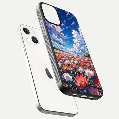 Blossom Sky Field Glass Case for iPhone 13 floating mockup displaying sky bloom concept with smooth finish