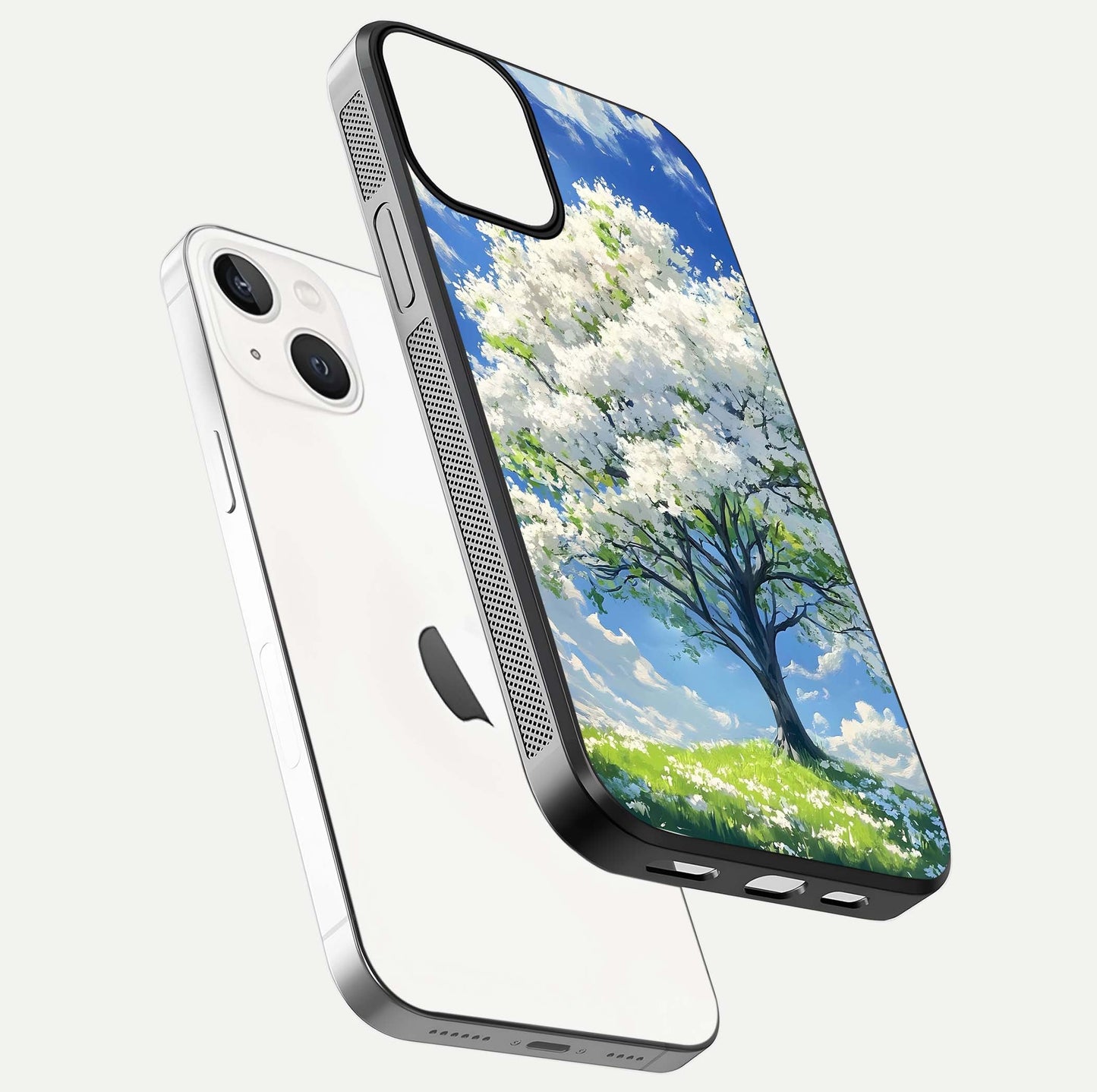 Blossom Sky Serenity Glass Case for iPhone 13 floating mockup capturing gloss surface and tranquil design