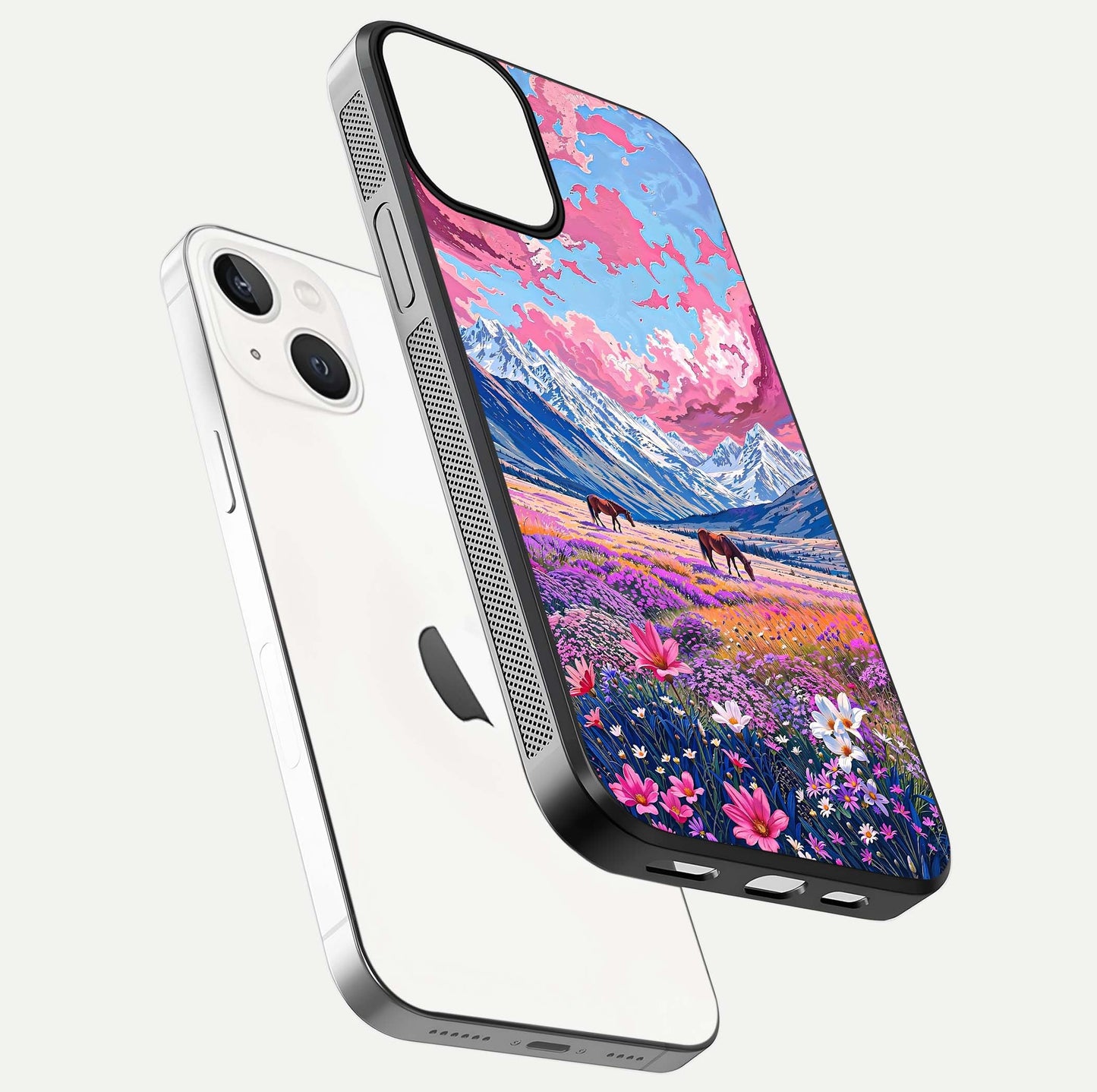 Blossom Valley Dream Glass Case for iPhone 13 floating mockup showing floral valley blend and reflective surface
