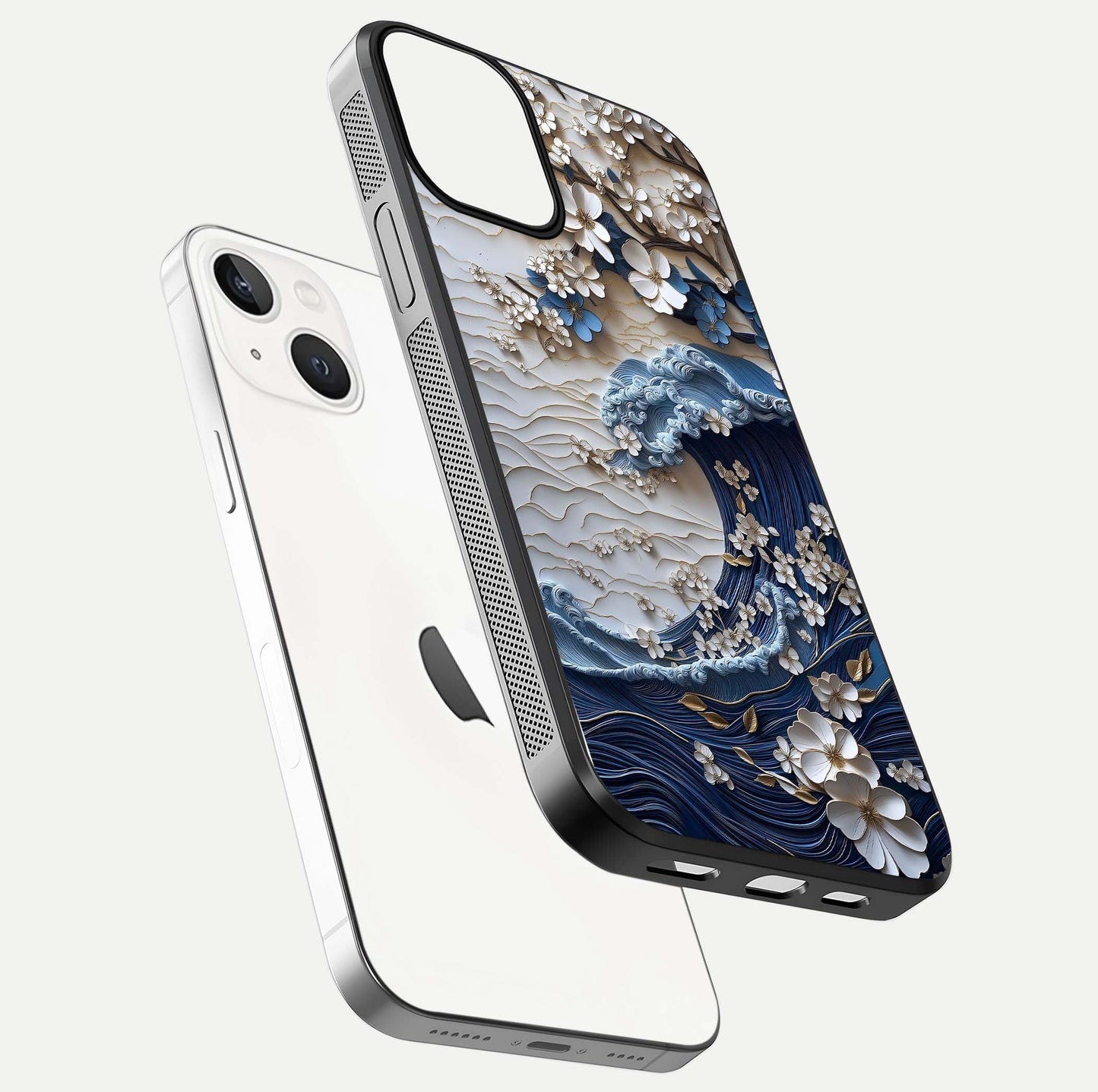 Blossom Wave Art Glass Case for iPhone 13 floating mockup displaying pattern details and reflective shine