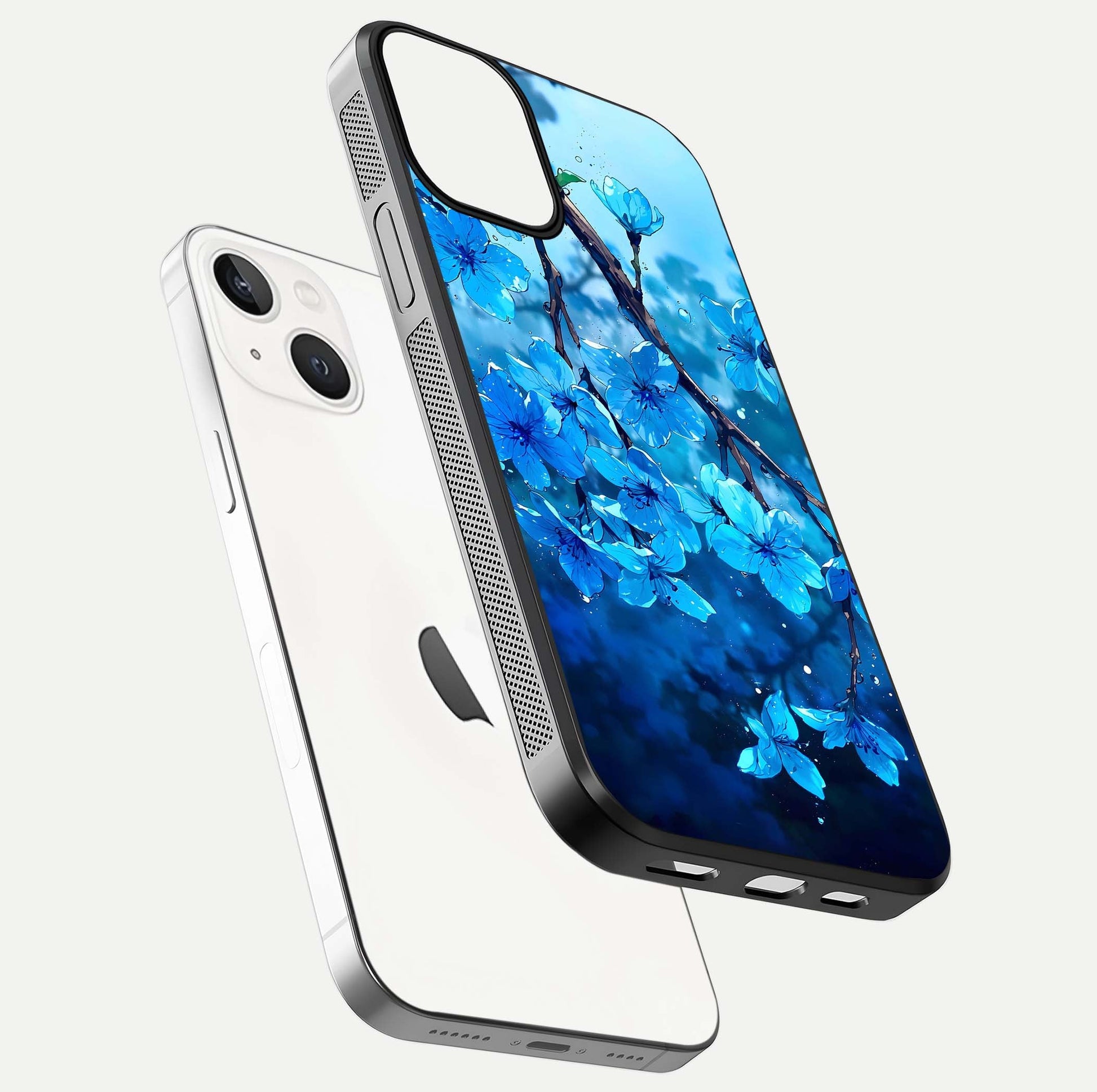 Blue Blossoms Branch Glass Case for iPhone 13 floating mockup showing shine, curved edges, and branch detailing