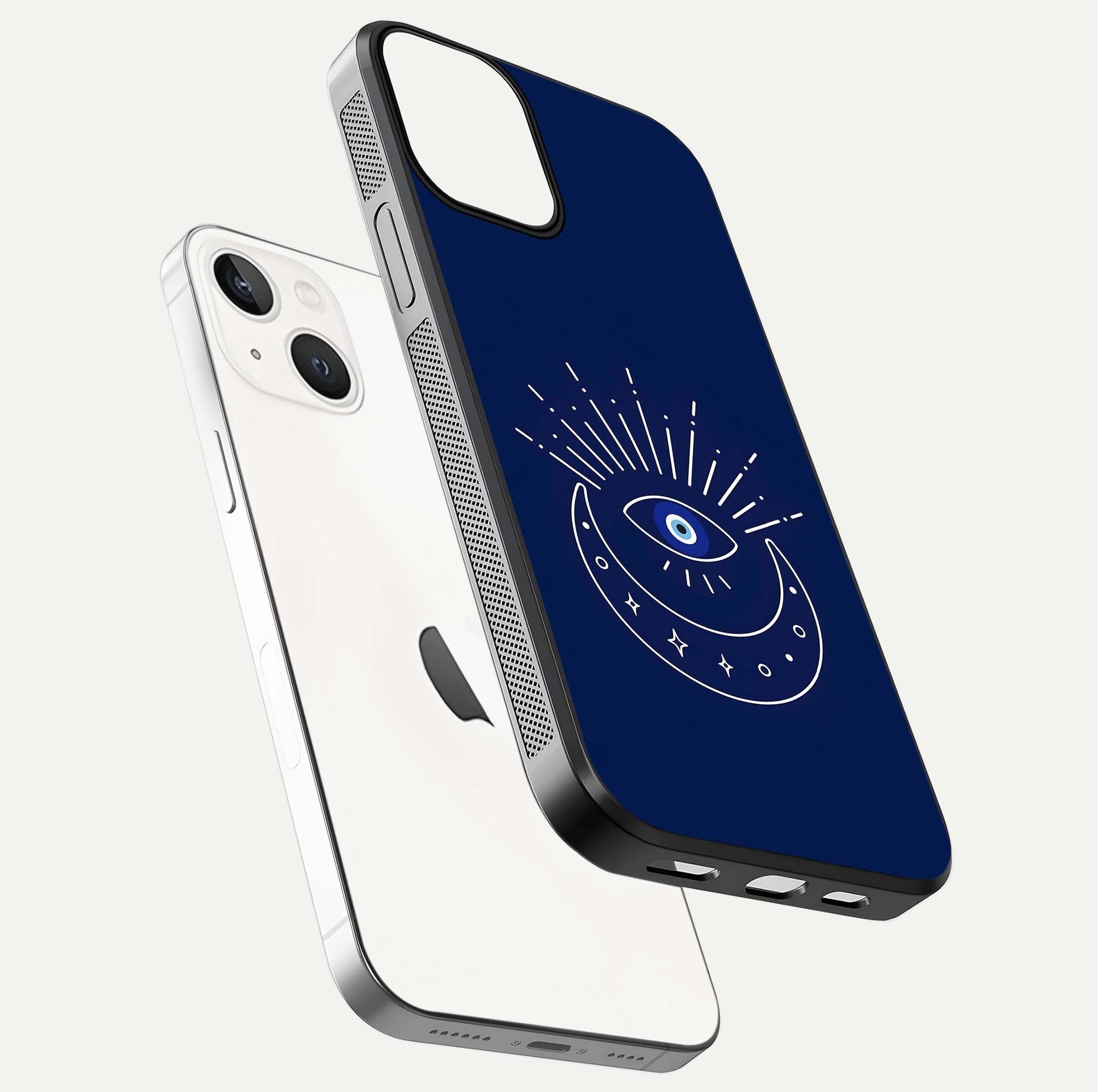Blue Evil Eye Glass Case for iPhone 13 floating mockup displaying glossy protection and spiritual artwork