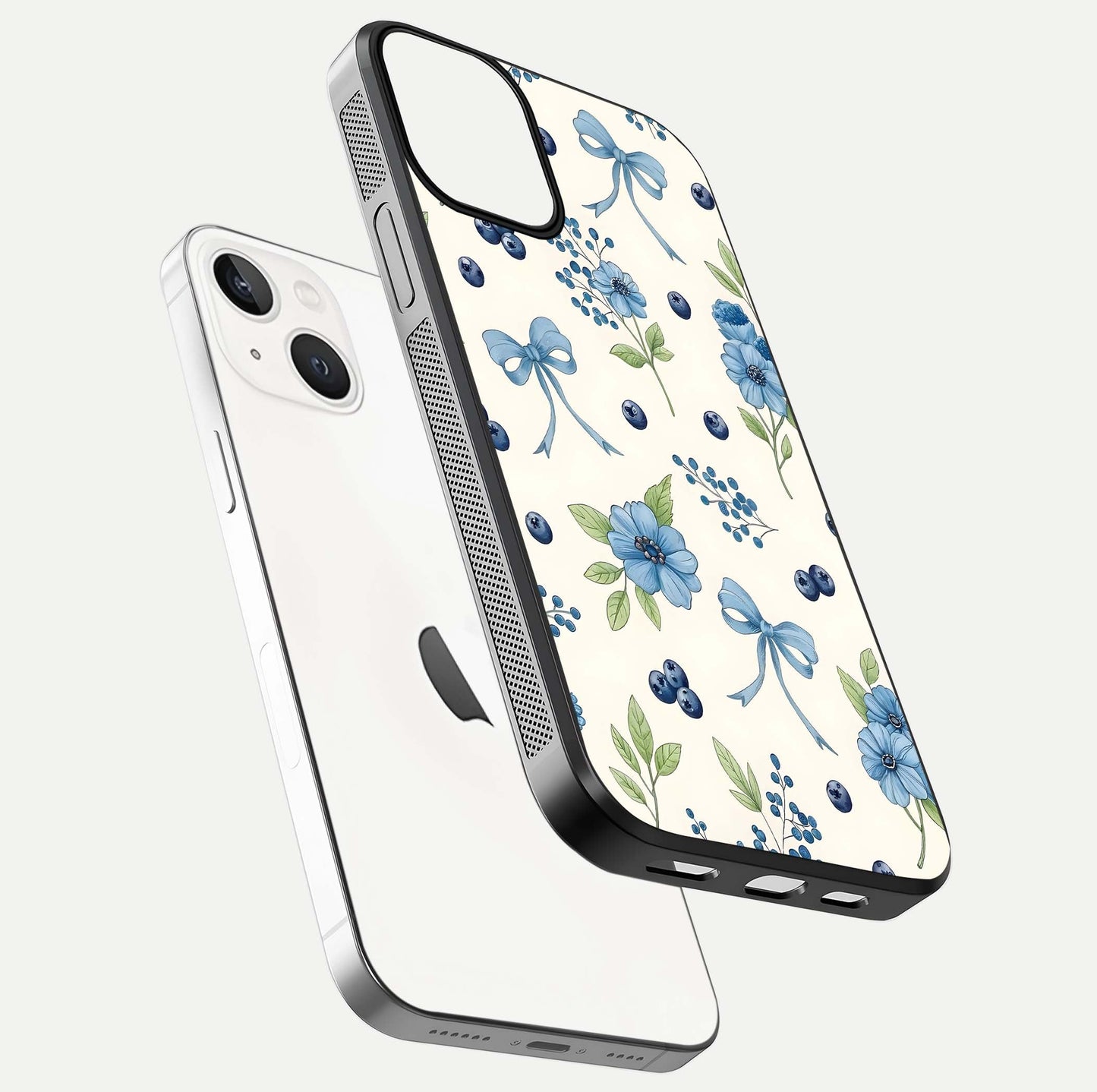 Blue Flower & Bow Glass Case for iPhone 13 floating mockup capturing gloss reflection and girly aesthetic
