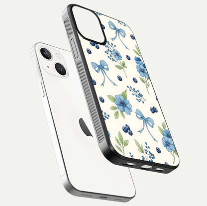 Blue Flower & Bow Glass Case for iPhone 13 floating mockup capturing gloss reflection and girly aesthetic