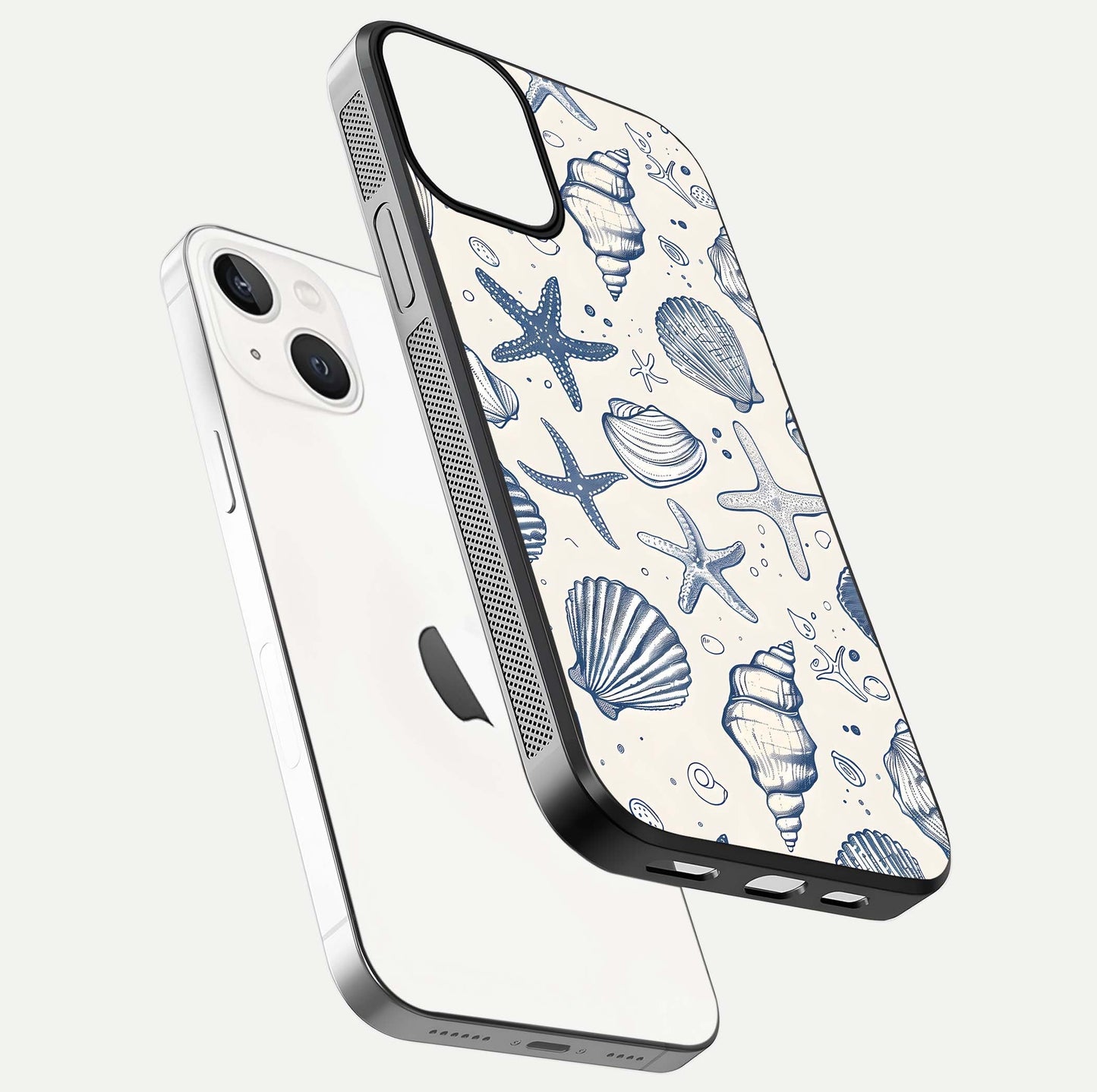 Blue Ocean Outline Glass Case for iPhone 13 floating mockup displaying marine-inspired aesthetic and smooth surface