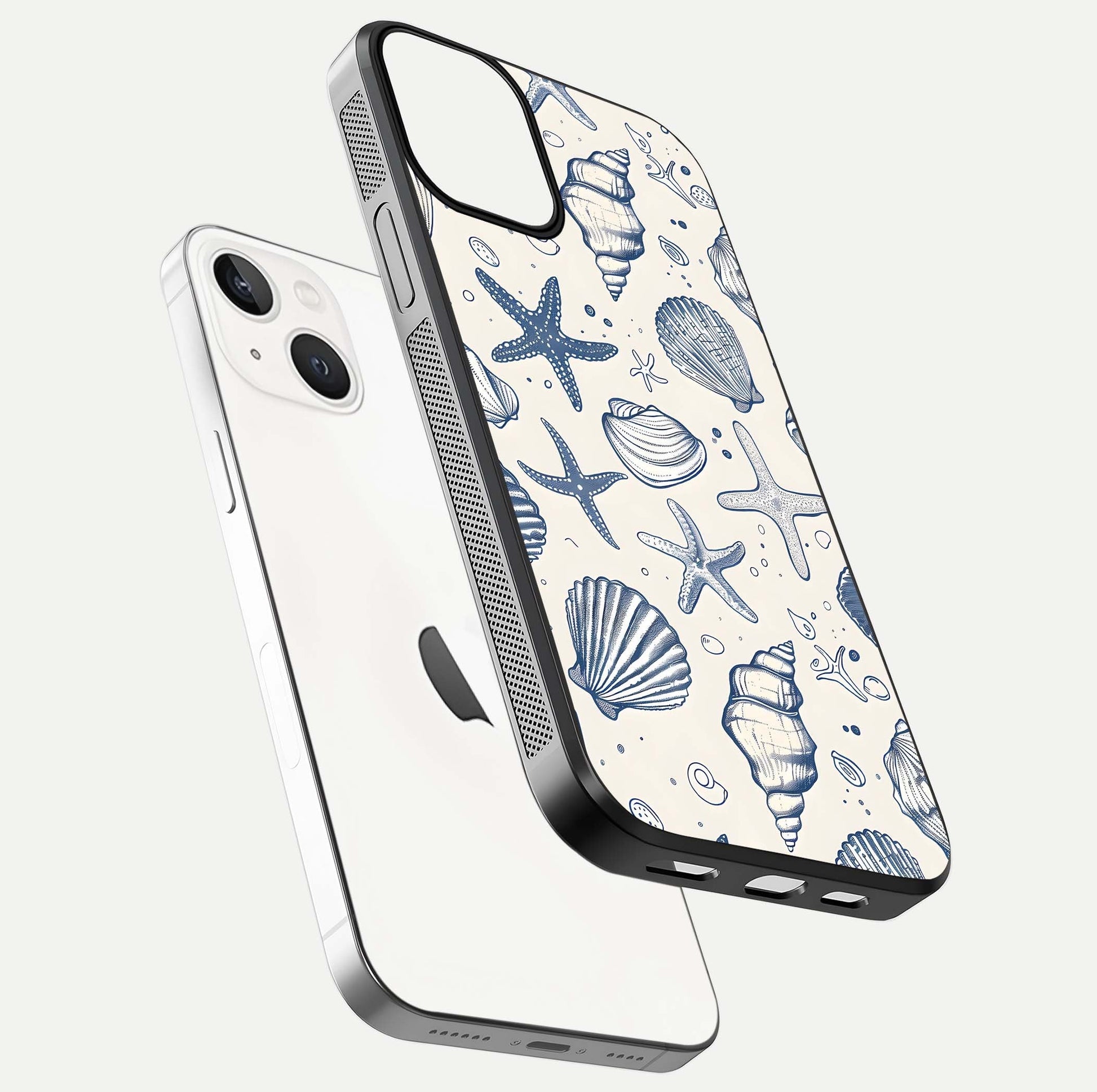 Blue Ocean Outline Glass Case for iPhone 13 floating mockup displaying marine-inspired aesthetic and smooth surface