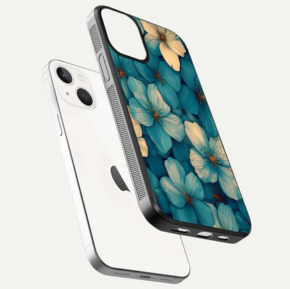 Blue Shade Floral Glass Case for iPhone 13 floating mockup revealing gloss highlight and floral depth