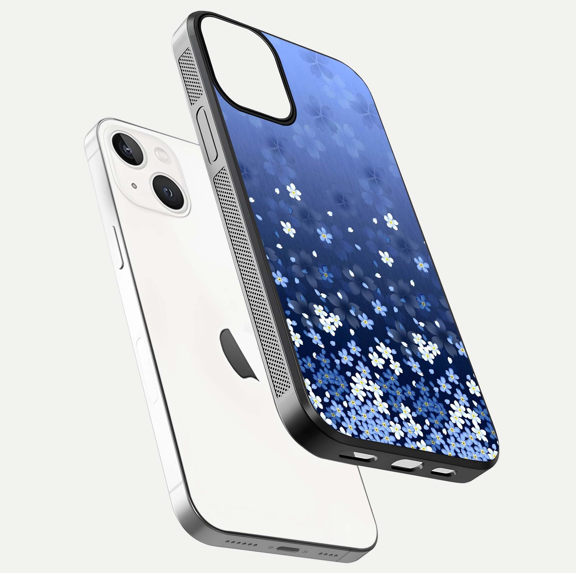Blue Starry Glass Case for iPhone 13 floating mockup capturing cosmic tone and HD gloss texture