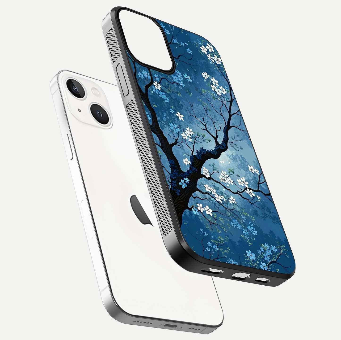 Blue Tree Serenity Glass Case for iPhone 13 floating mockup displaying serene tones and HD glass polish