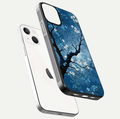 Blue Tree Serenity Glass Case for iPhone 13 floating mockup displaying serene tones and HD glass polish