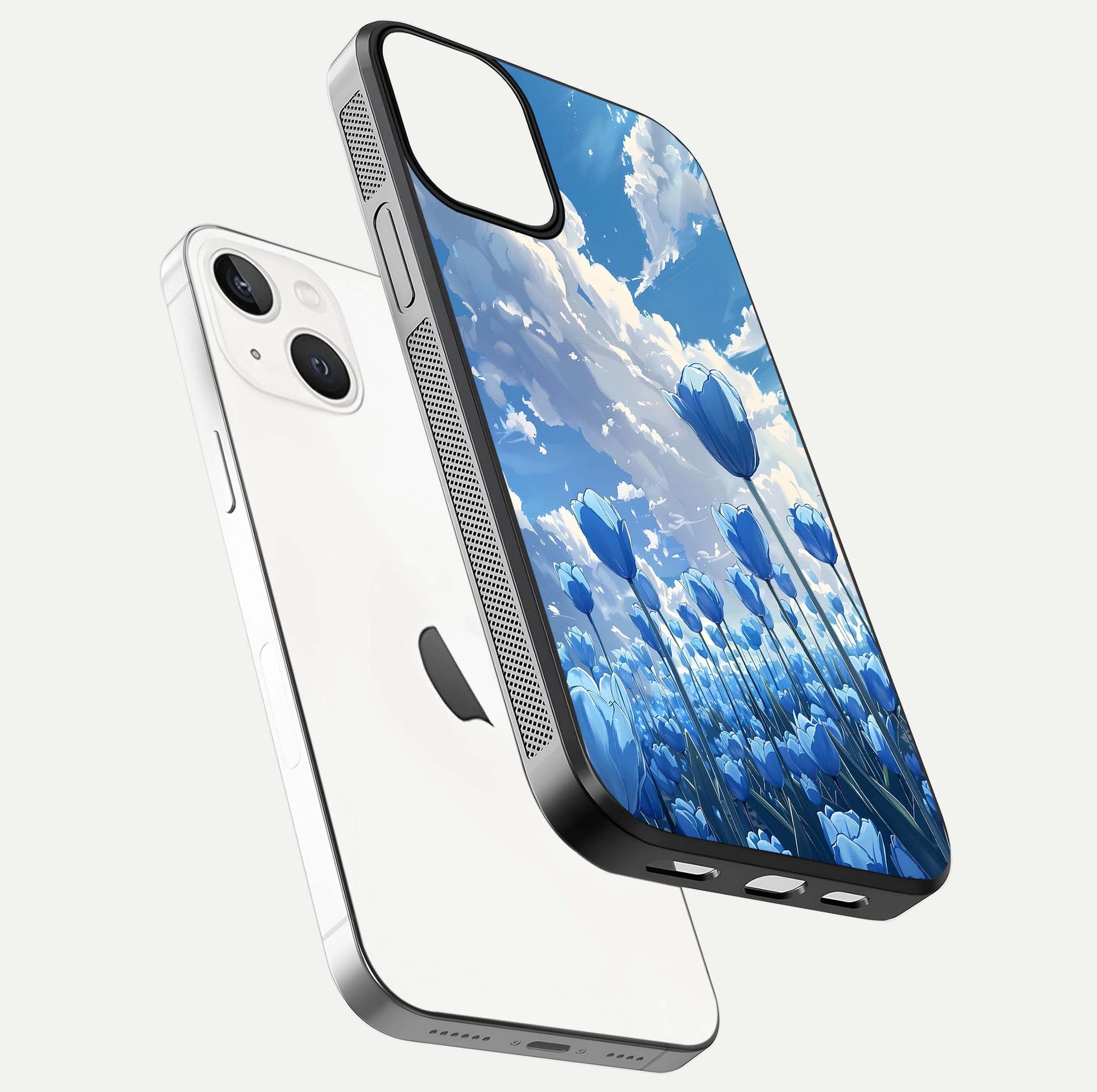 Blue Tulip Clouds Glass Case for iPhone 13 floating mockup displaying tulip-cloud fusion art and smooth glass gloss
