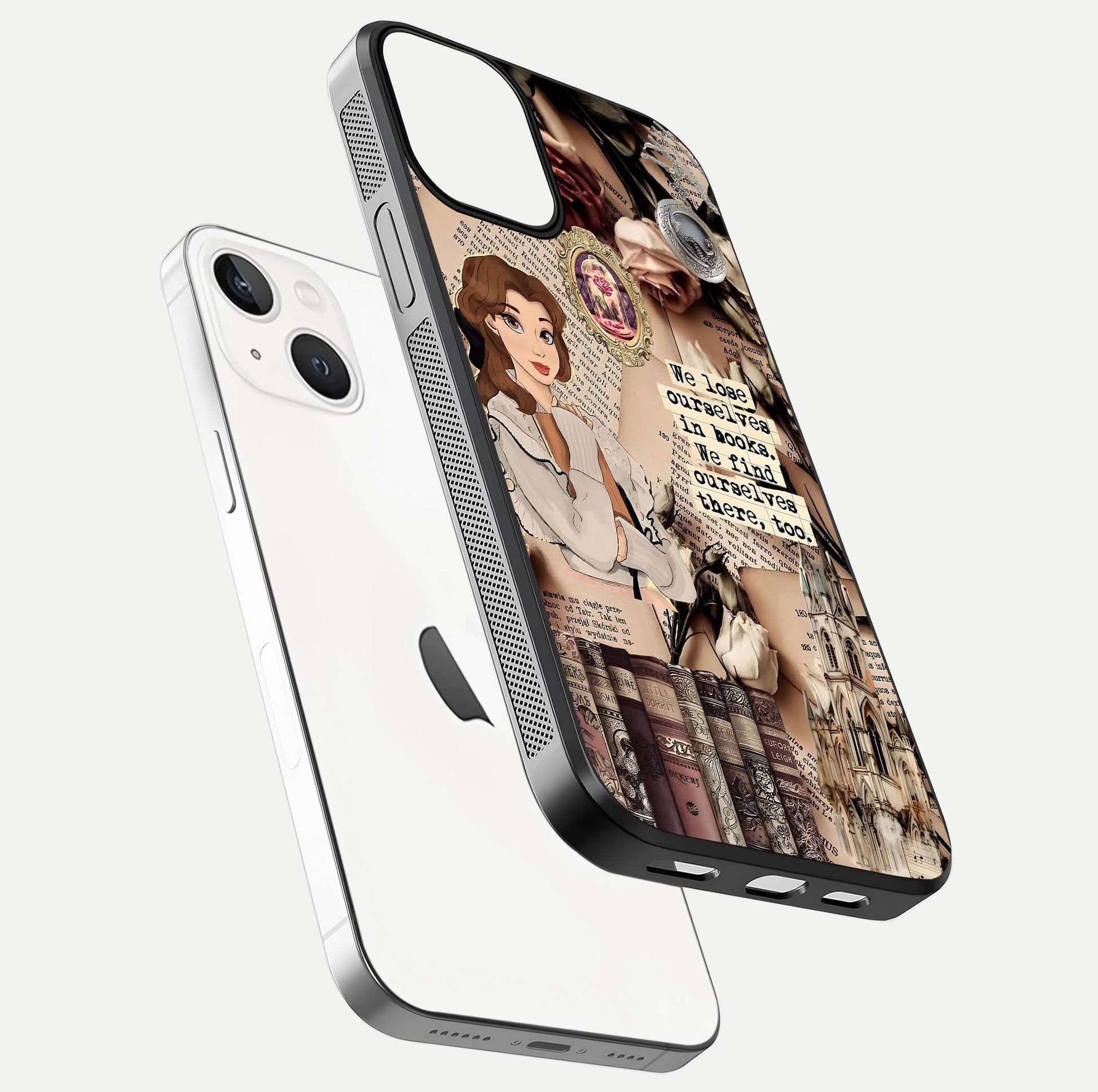 Bookish Dream World Glass Case for iPhone 13 floating mockup capturing gloss shine and artistic balance
