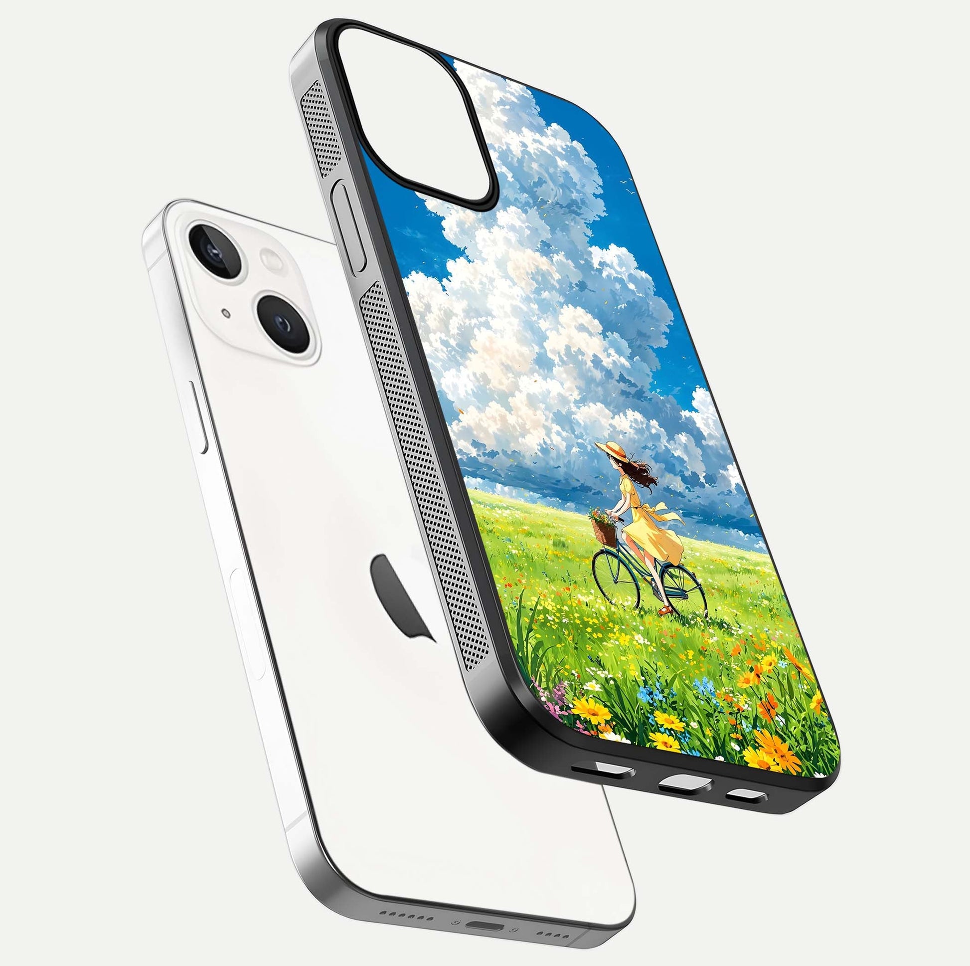 Breezy Meadow Ride Glass Case for iPhone 13 floating mockup capturing serene tones and smooth finish