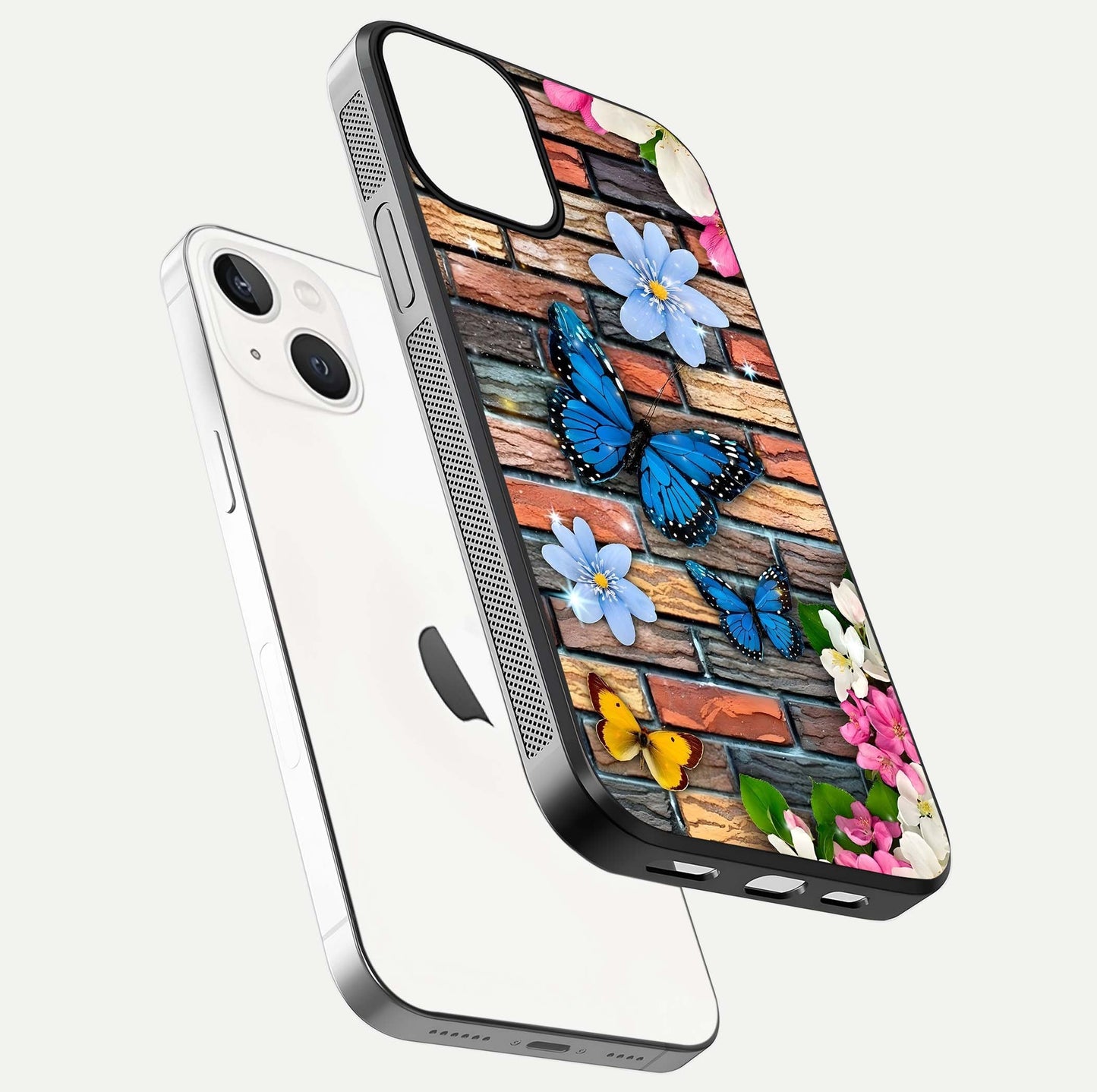 Brick Bloom Flight Glass Case for iPhone 13 floating mockup displaying gloss reflection and pattern vibrancy