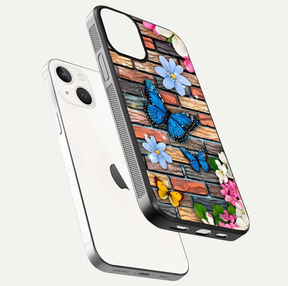 Brick Bloom Flight Glass Case for iPhone 13 floating mockup displaying gloss reflection and pattern vibrancy