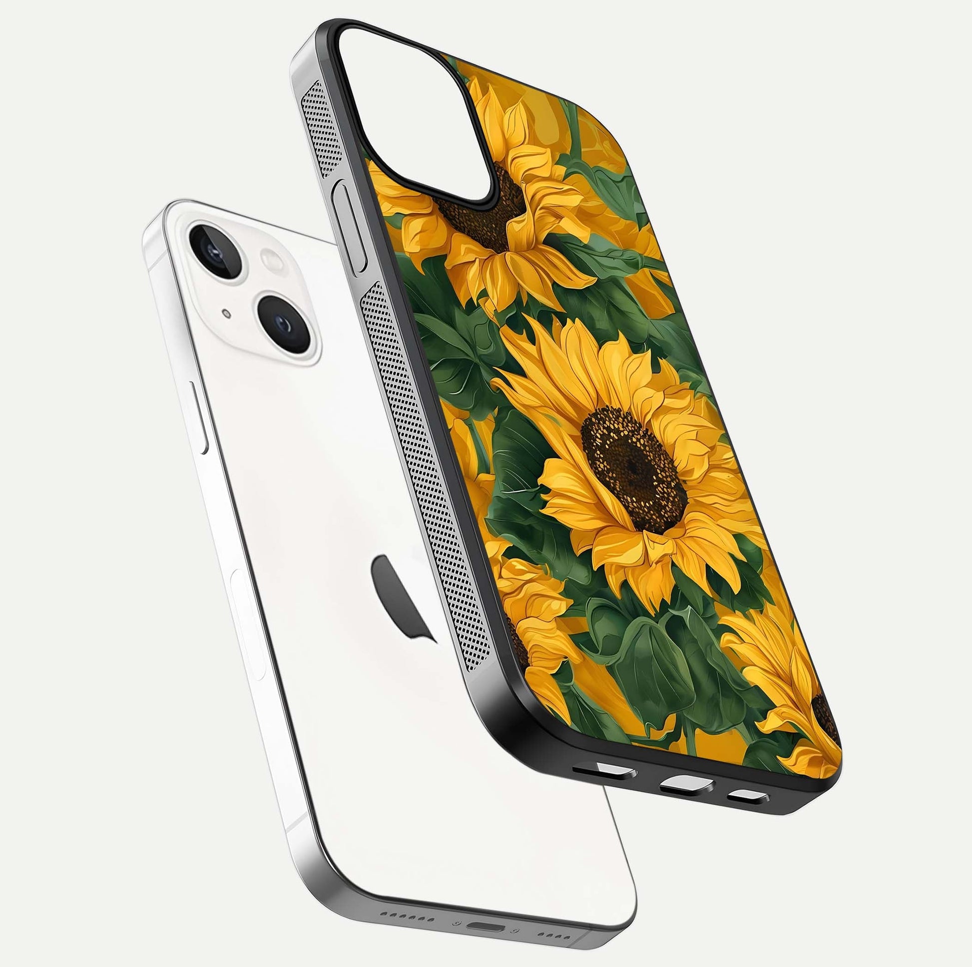 Bright Sunflower Bloom Glass Case for iPhone 13 floating mockup capturing vibrant tones and gloss surface