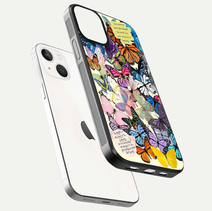 Butterflies Petal Dream Glass Case for iPhone 13 floating mockup displaying detailed print and premium glass glow