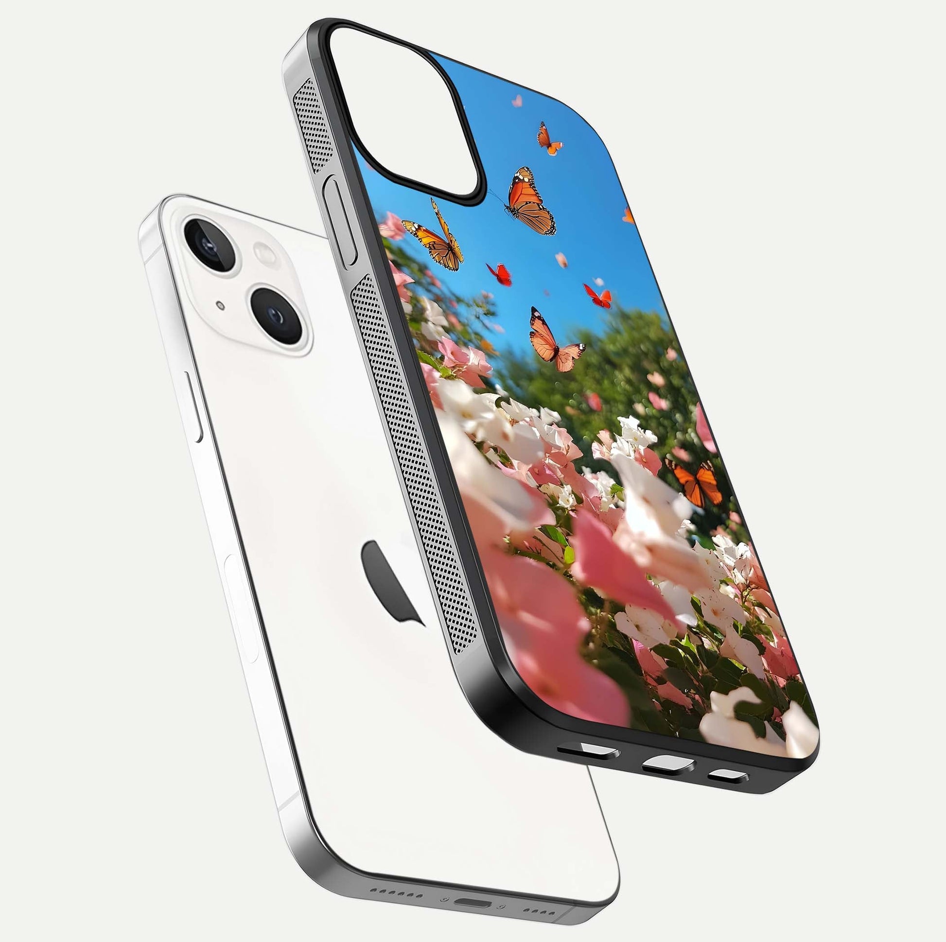Butterflies in Bloom Sky Glass Case for iPhone 13 floating mockup capturing butterfly motion and edge design