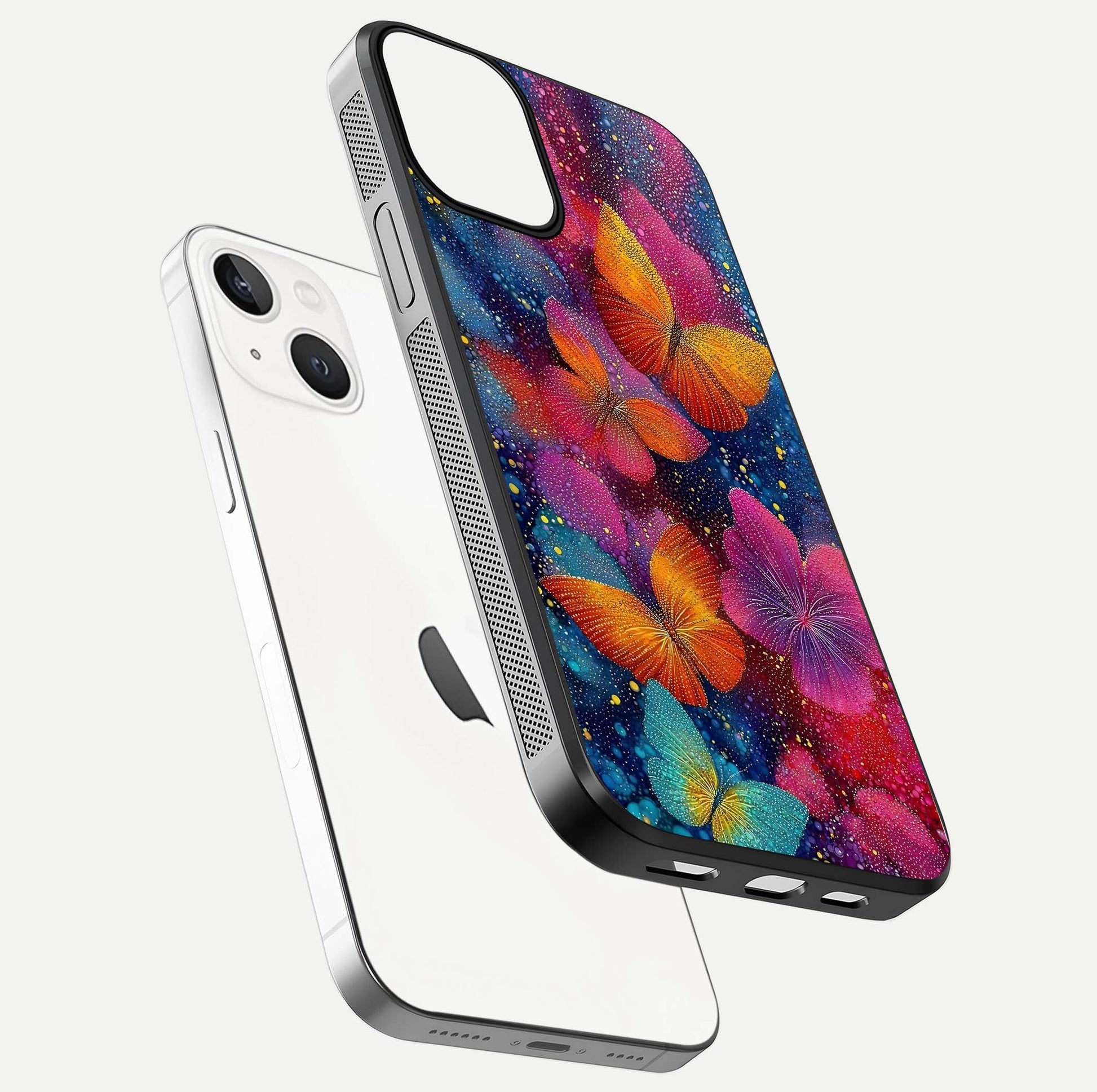 Butterfly Dream Mist Glass Case for iPhone 13 floating mockup displaying glass shine and ethereal art depth