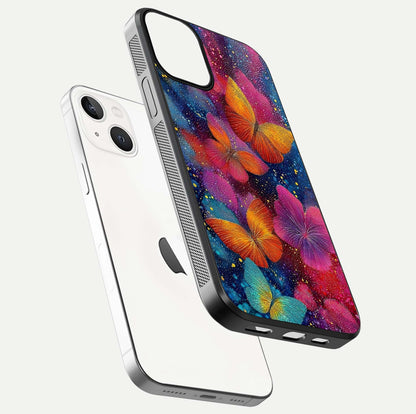 Butterfly Dream Mist Glass Case for iPhone 13 floating mockup displaying glass shine and ethereal art depth