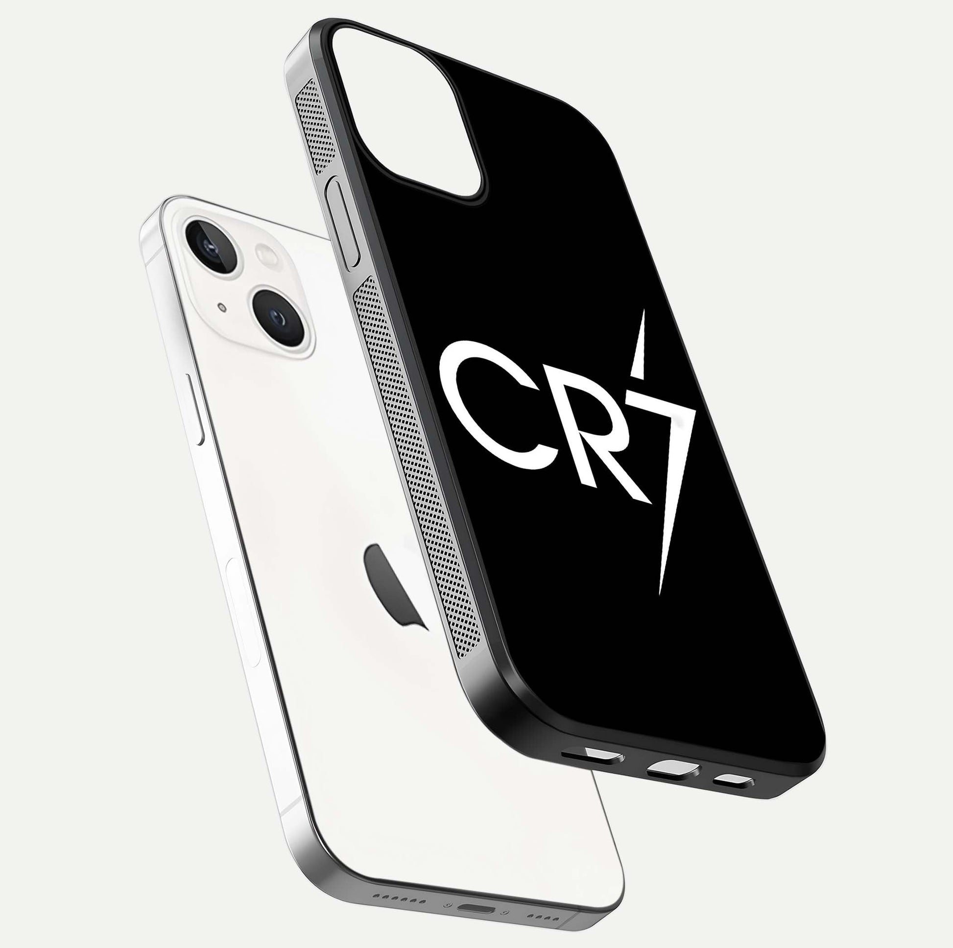 CR7 Elite Strike Glass Case for iPhone 13 floating mockup displaying HD gloss and sporty texture