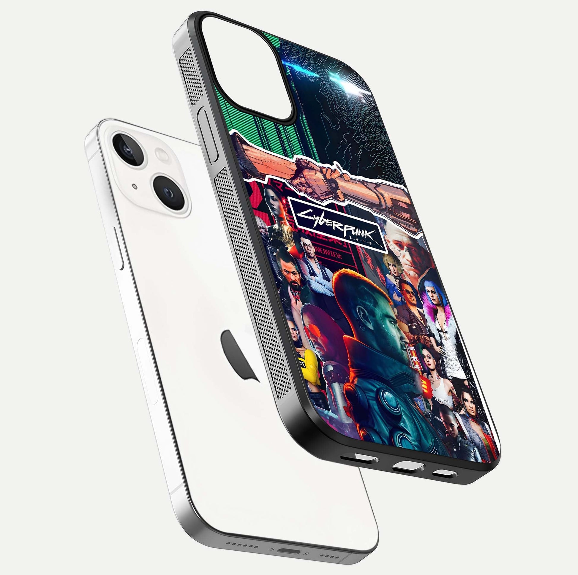 CYBERPUNK Legacy Glass Case for iPhone 13 floating mockup showing HD gloss and neon glow detail