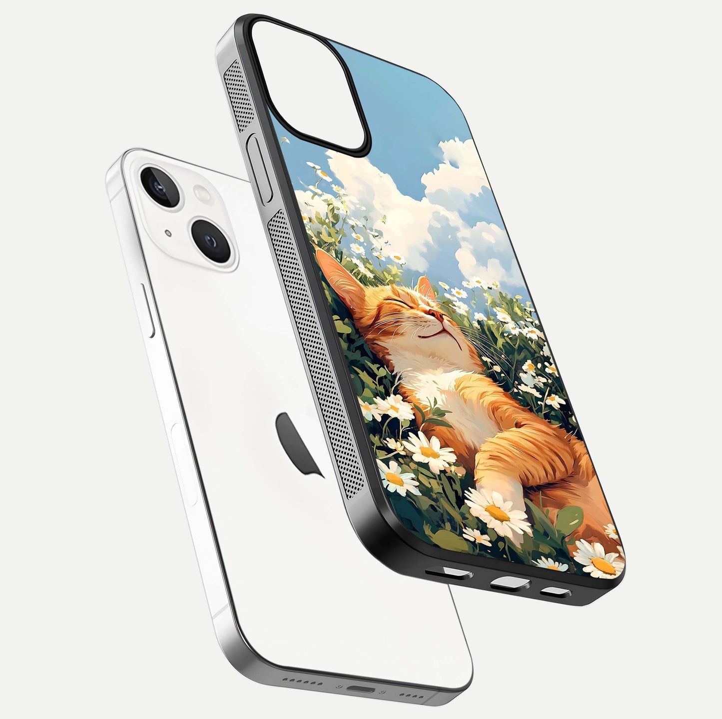Cat & Flowers View Glass Case for iPhone 13 floating mockup showing design reflection and protective edges