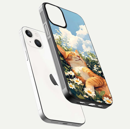 Cat & Flowers View Glass Case for iPhone 13 floating mockup showing design reflection and protective edges