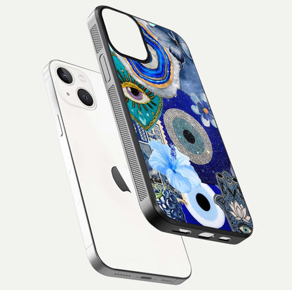 Celestial Blue Vision Glass Case for iPhone 13 floating mockup showing gloss depth and night-sky pattern