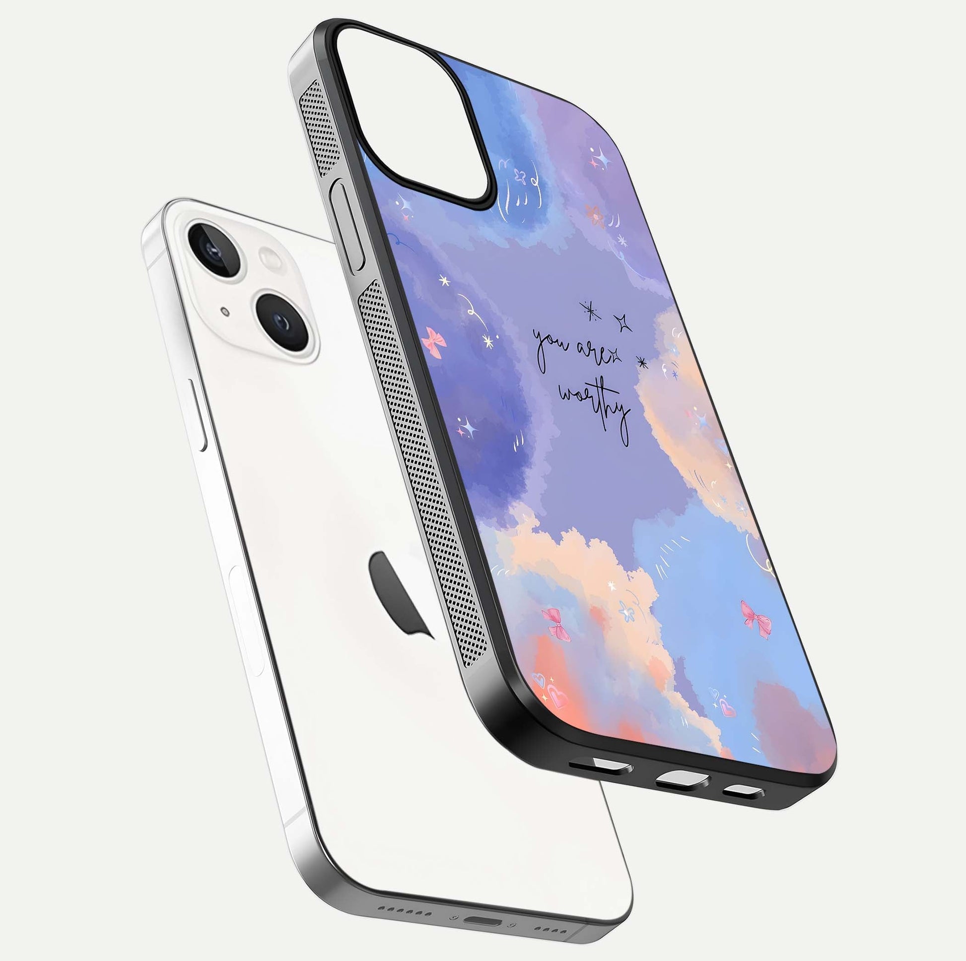 Celestial Cloud Magic Glass Case for iPhone 13 floating mockup displaying cloud aura and HD finish