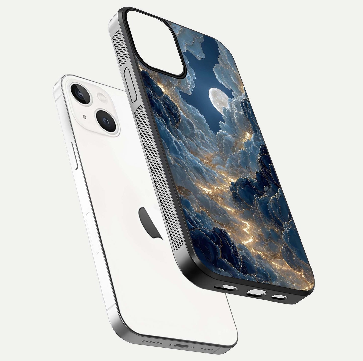 Celestial Cloud Road Glass Case for iPhone 13 floating mockup capturing glowing horizon and HD gloss