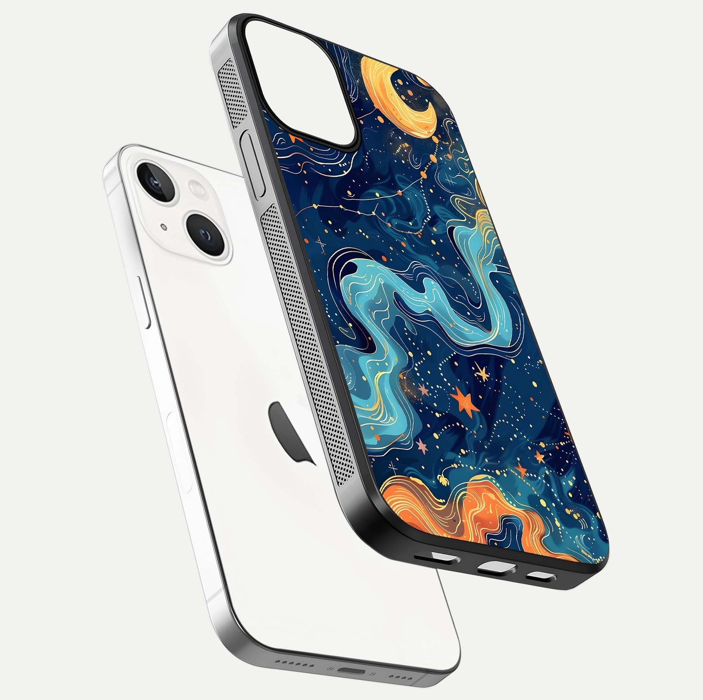 Celestial Dream Flow Glass Case for iPhone 13 floating mockup displaying gloss shimmer and artistic composition