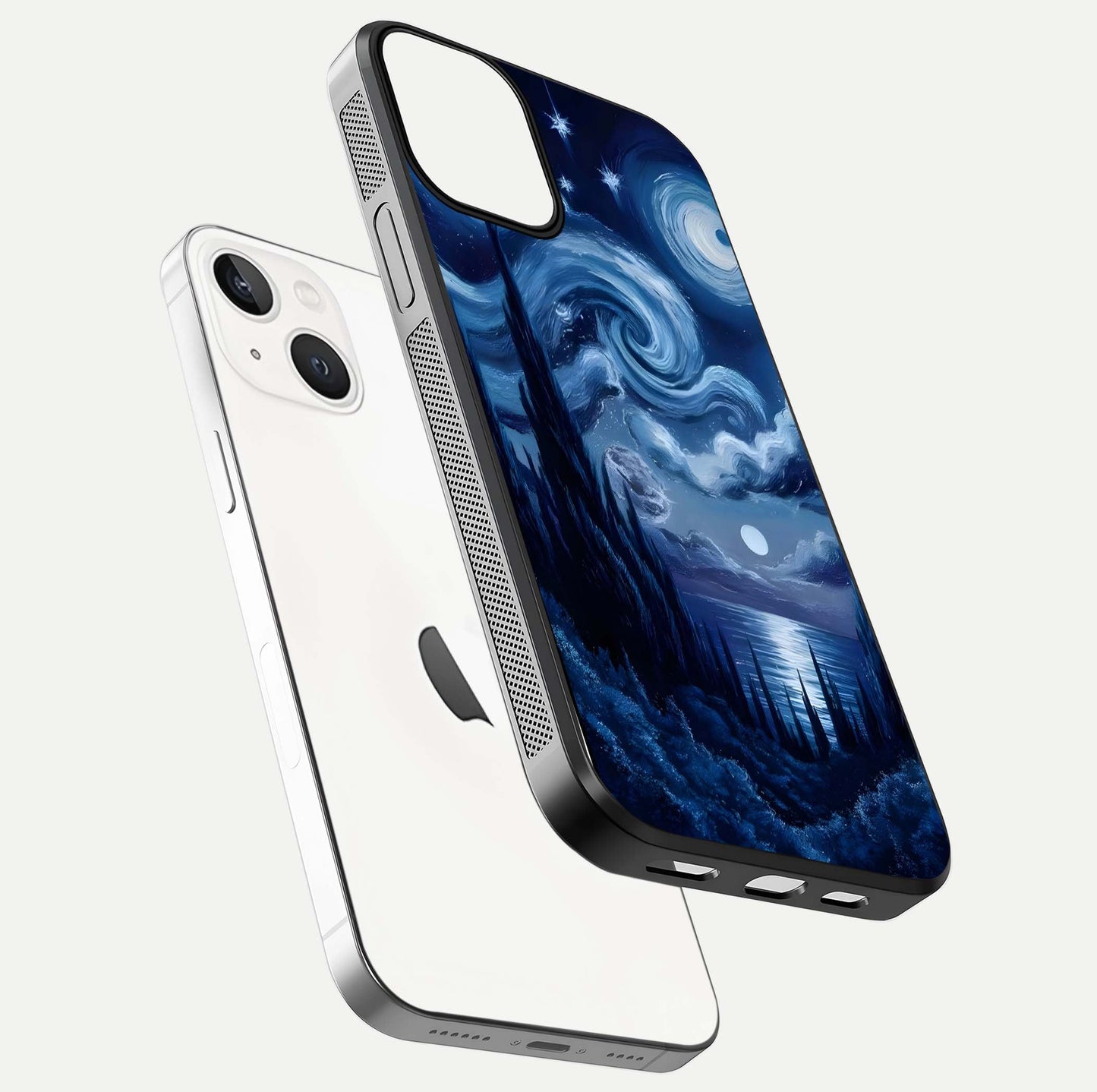 Celestial Dream Van Gogh Glass Case for iPhone 13 floating mockup highlighting cosmic tones and smooth gloss