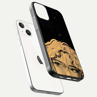 Celestial God’s Plan Glass Case for iPhone 13 floating dual-view mockup displaying gloss surface and vivid print