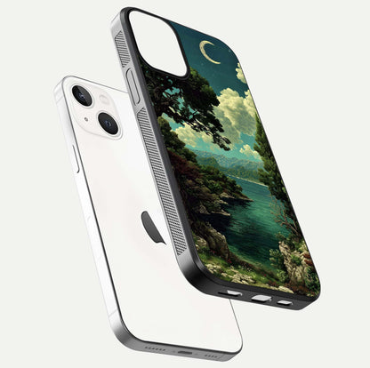 Celestial Lake Peace Glass Case for iPhone 13 floating mockup capturing calm tones and smooth polish