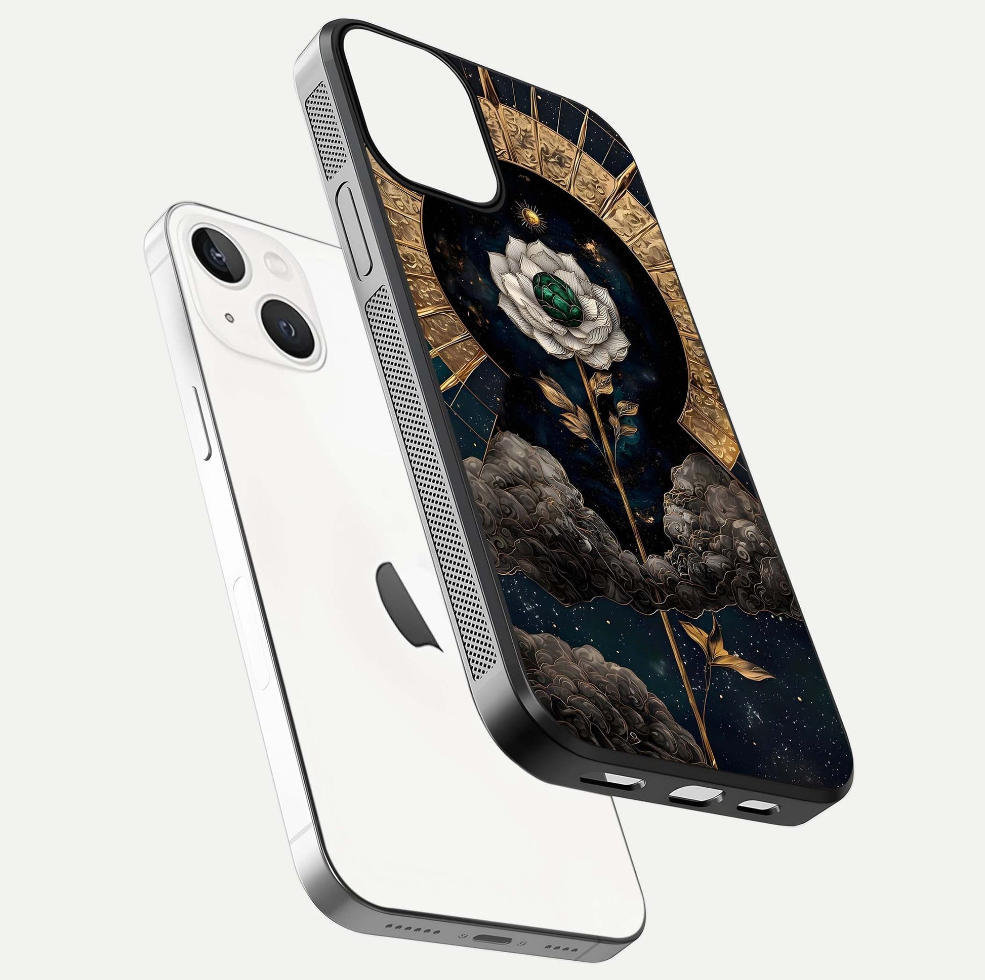 Celestial Lotus Morang Glass Case for iPhone 13 floating mockup showing gloss depth and cosmic lotus glow
