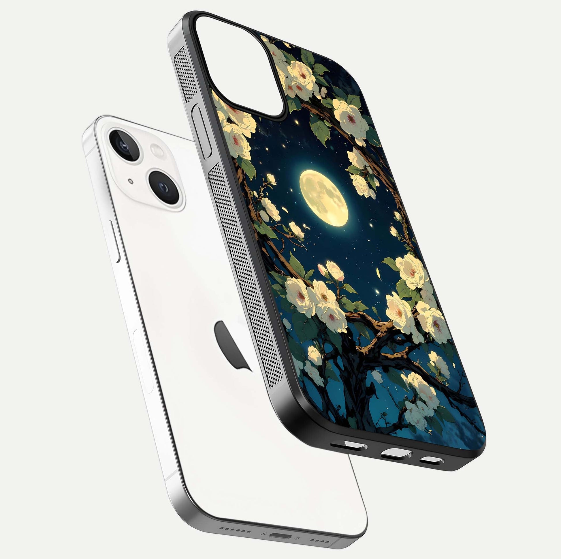 Celestial Moon & Flower Glass Case for iPhone 13 floating mockup emphasizing HD shine and delicate texture