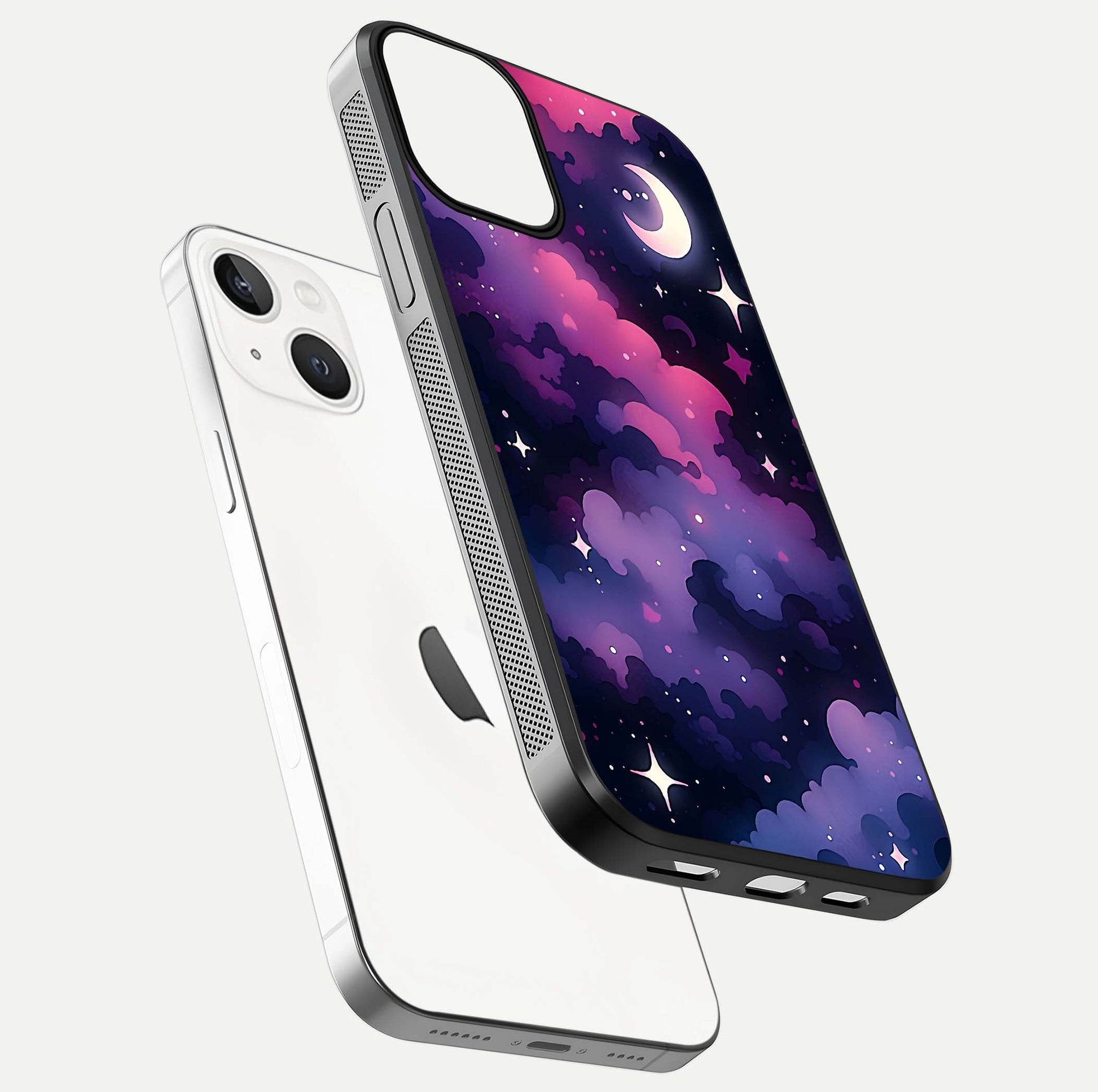 Celestial Moon Magic Glass Case for iPhone 13 floating mockup showing reflection gradient and smooth polish