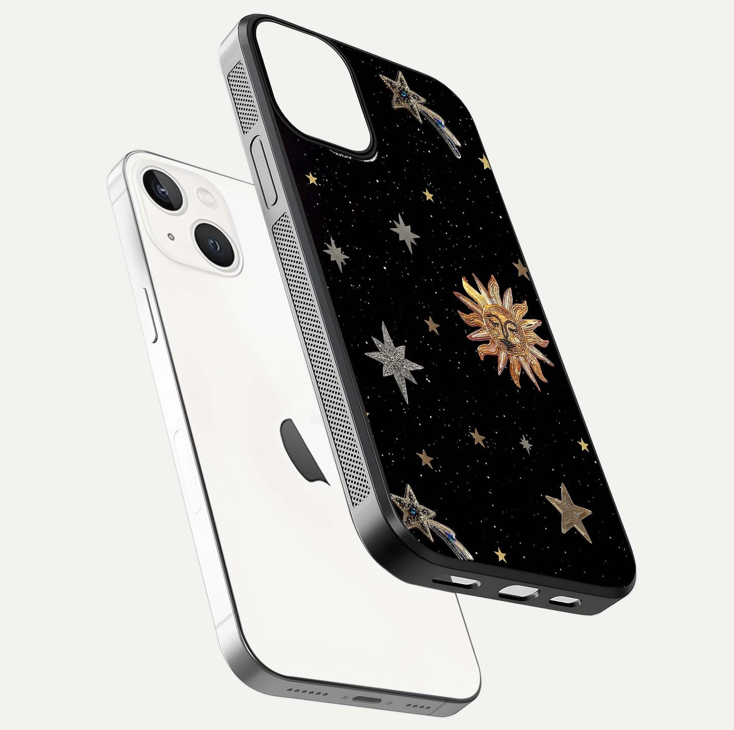 Celestial Moon With Stars Glass Case for iPhone 13 floating mockup emphasizing star depth and gloss clarity