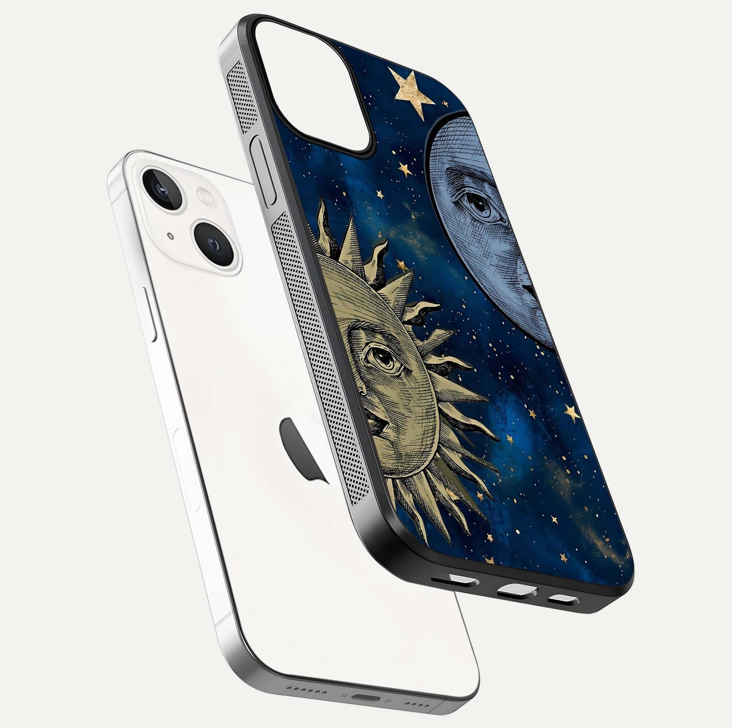 Celestial Moon With Sun Glass Case for iPhone 13 floating mockup displaying vibrant contrast and HD gloss