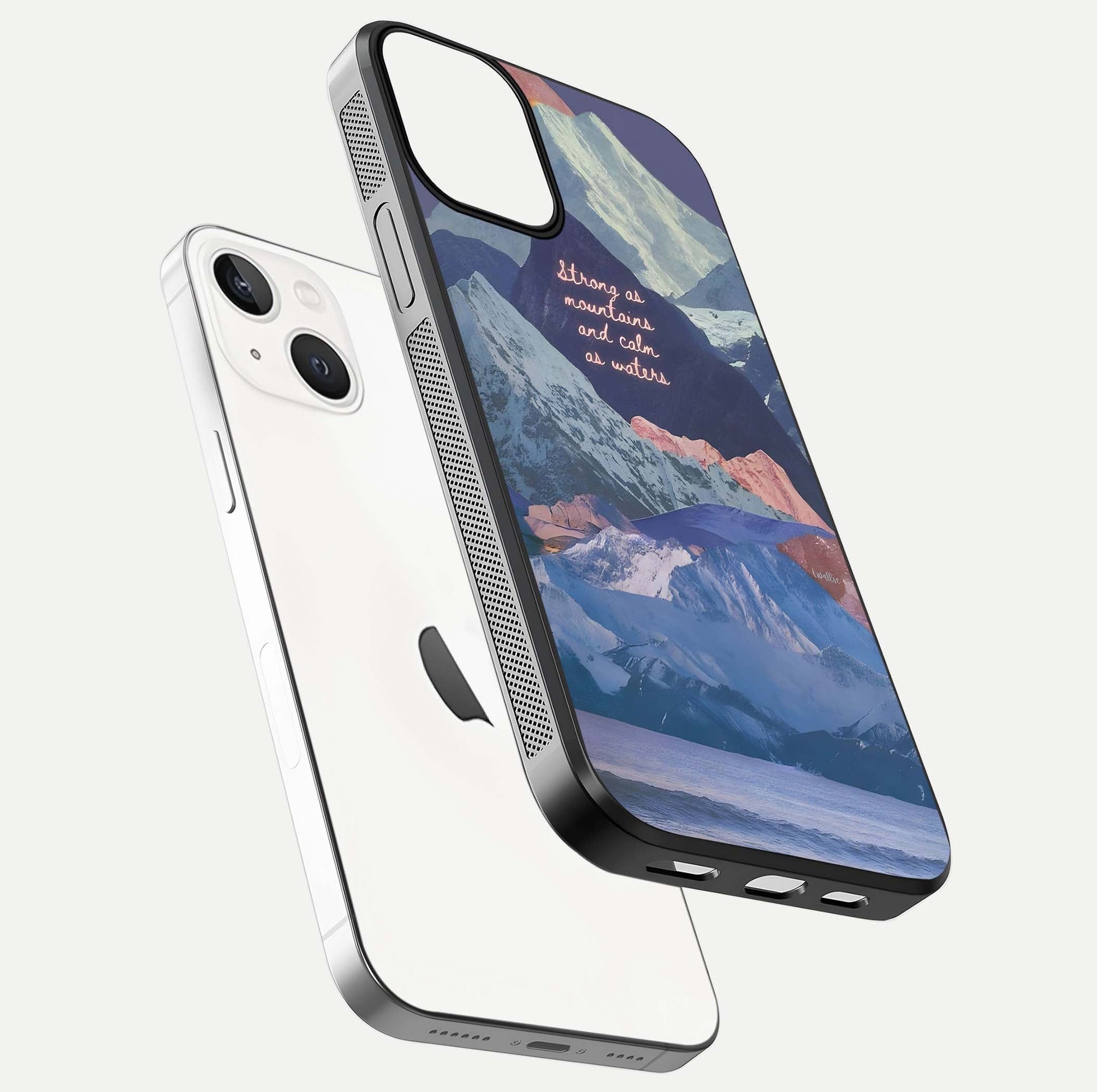 Celestial Mountain Calm Glass Case for iPhone 13 floating mockup showing glow depth and polished edges