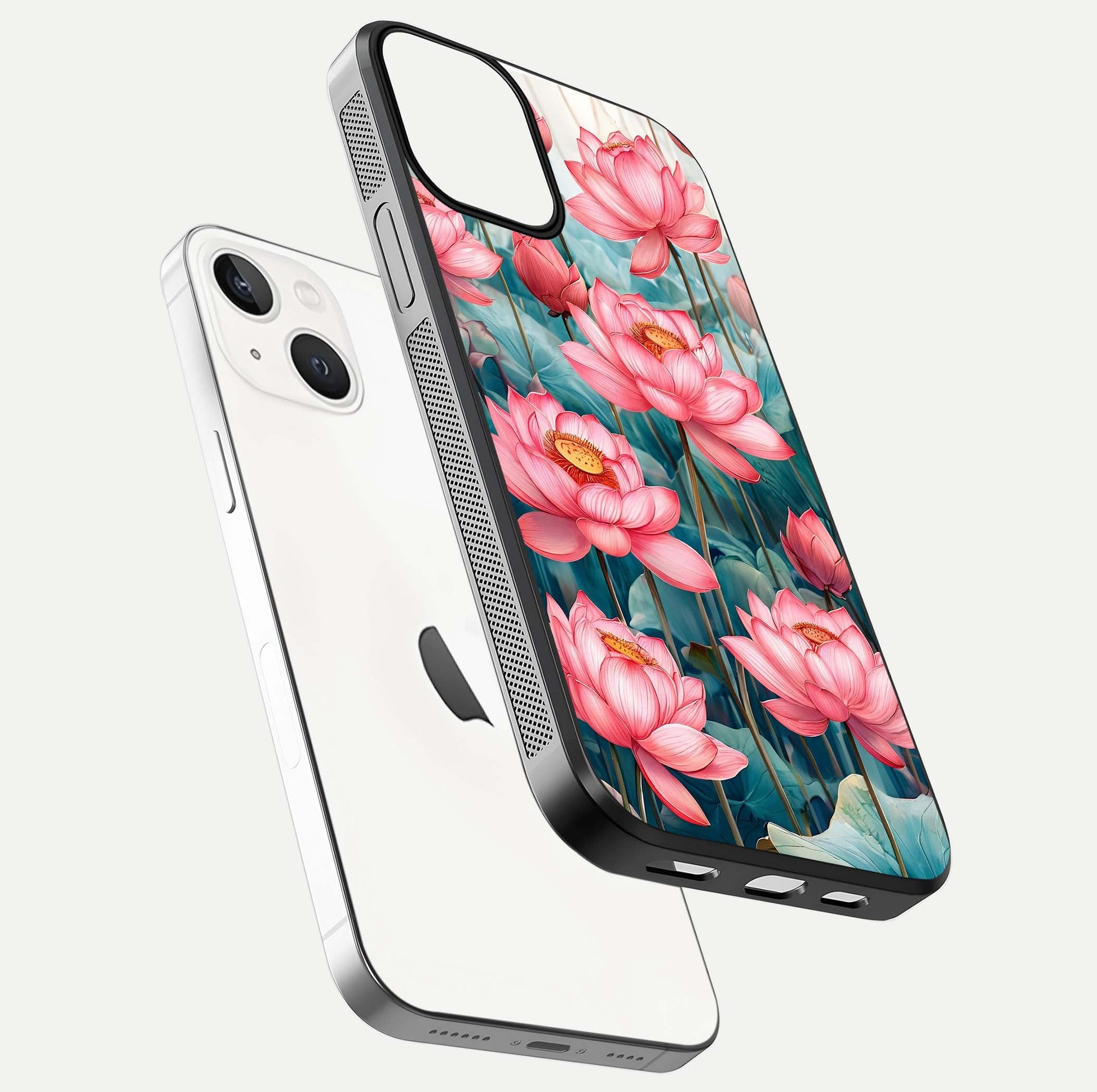 Celestial Pink Lotus Glass Case for iPhone 13 floating mockup displaying cosmic tone and gloss surface