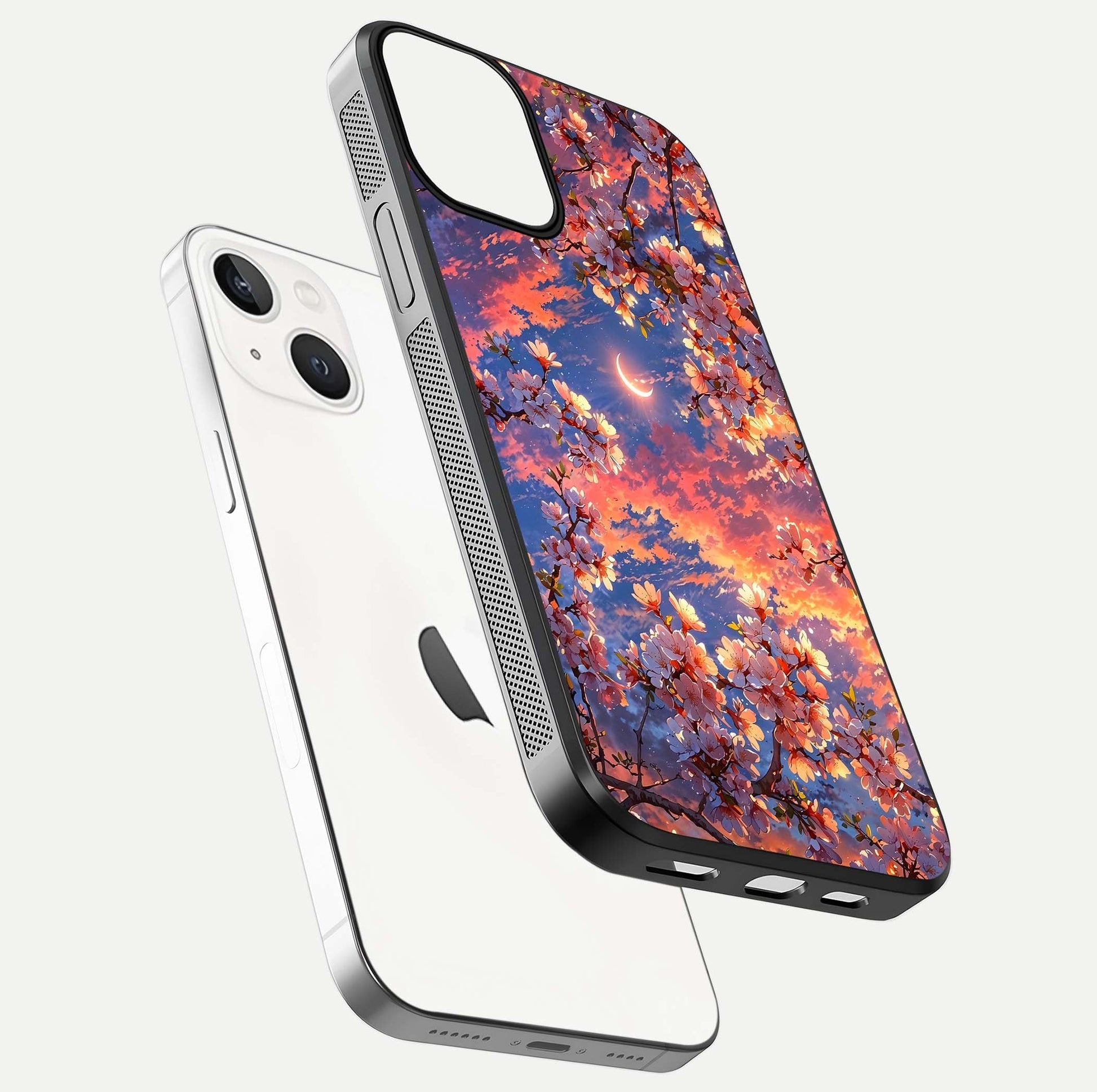 Celestial Sakura Sunset Glass Case for iPhone 13 floating mockup capturing sunset hue and smooth gloss