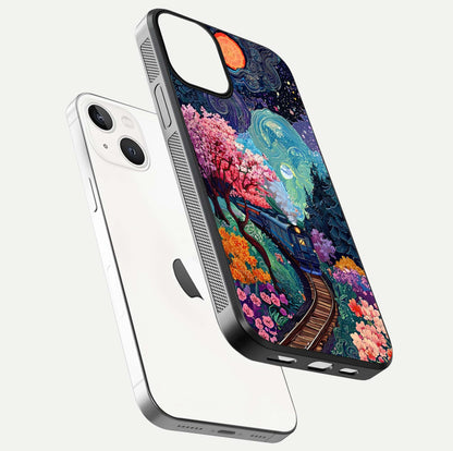 Celestial Train Journey Glass Case for iPhone 13 floating mockup capturing gloss reflection and deep night hues