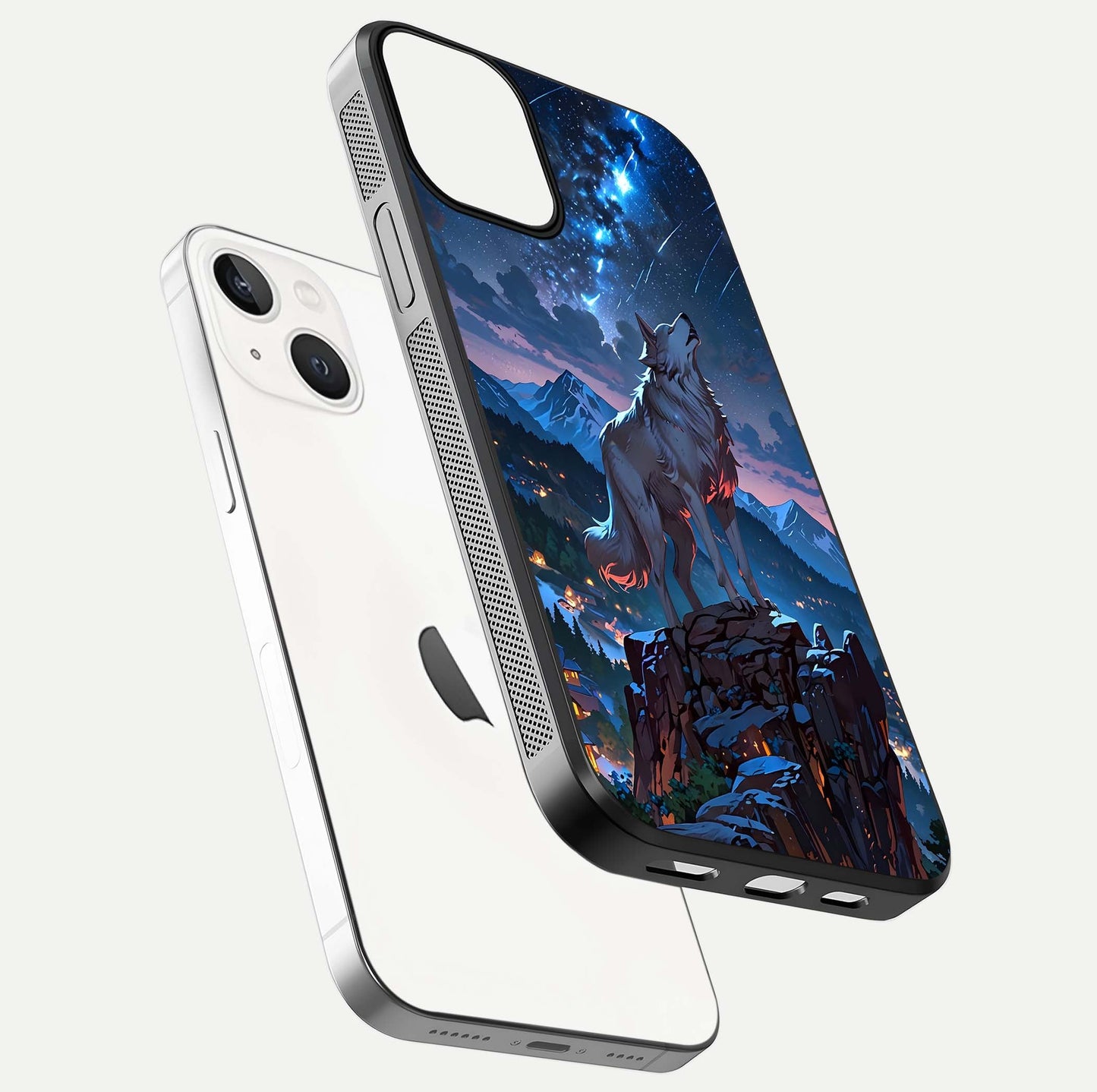 Celestial Wolf Howl Glass Case for iPhone 13 floating mockup capturing reflection depth and silver gloss